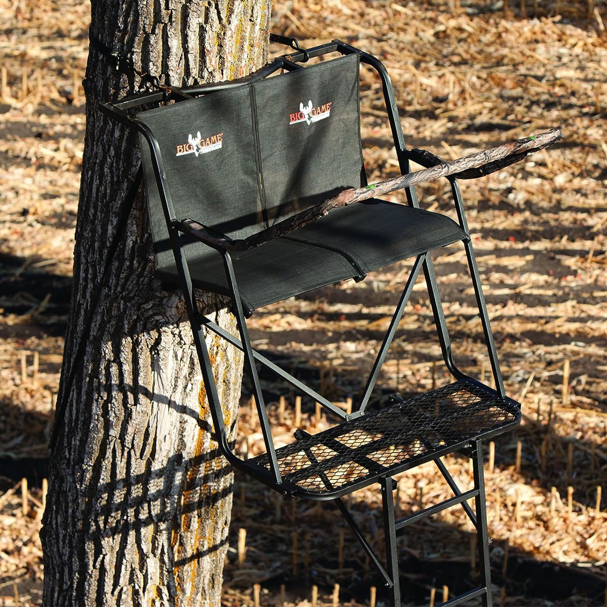 2-Person BIG GAME Ladder Tree Stand for Hunting Deer with Seat, 16' Tall, Camo/Black - Adjustable Climbing Treestand with Platform and Safety Harness for Shooting