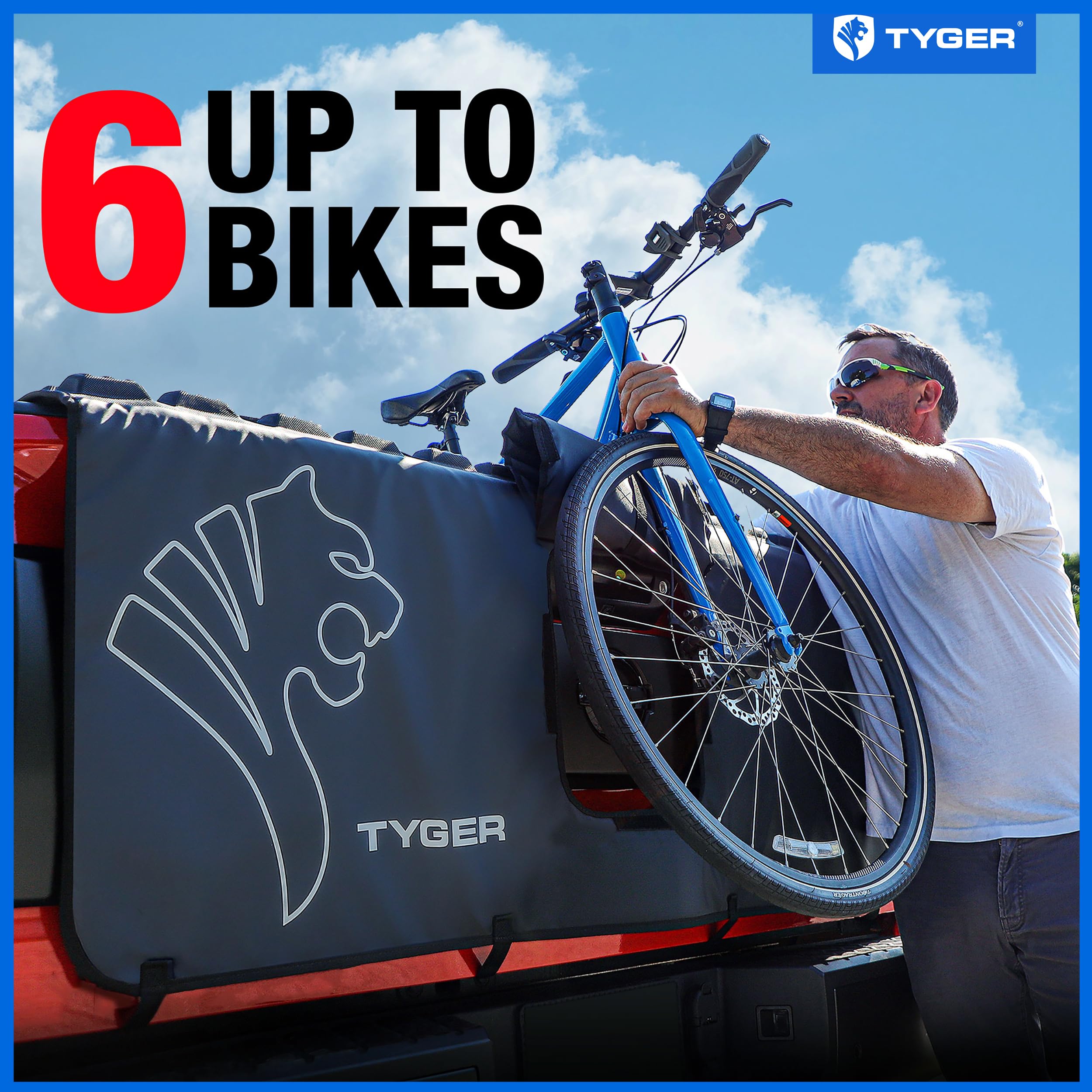 Tyger Auto Tailgate Pad Universal Carrier Holds up to 6 Bikes|Large Size for Full Size Pickup Trucks|W 60" x H 23" (See Image for Measure Guide)|Flap for Handle and Rear Camera | TG-TP6U1018 , Black