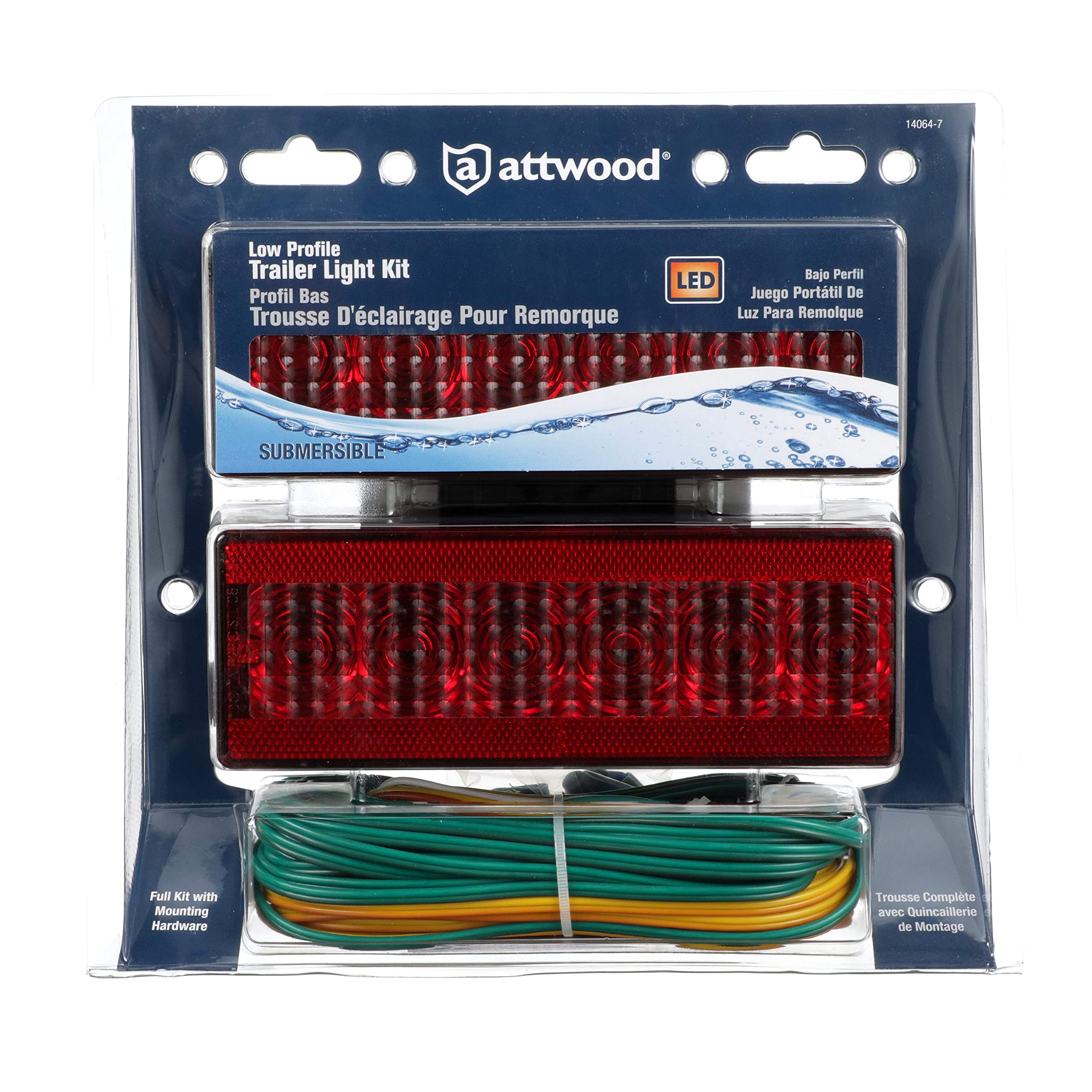 LED Low-Profile Trailer Light Kit Attwood 14064-7 — 2 Stop/Tail/Turn Submersible LED Lights, License Plate Bracket, Wiring Harness