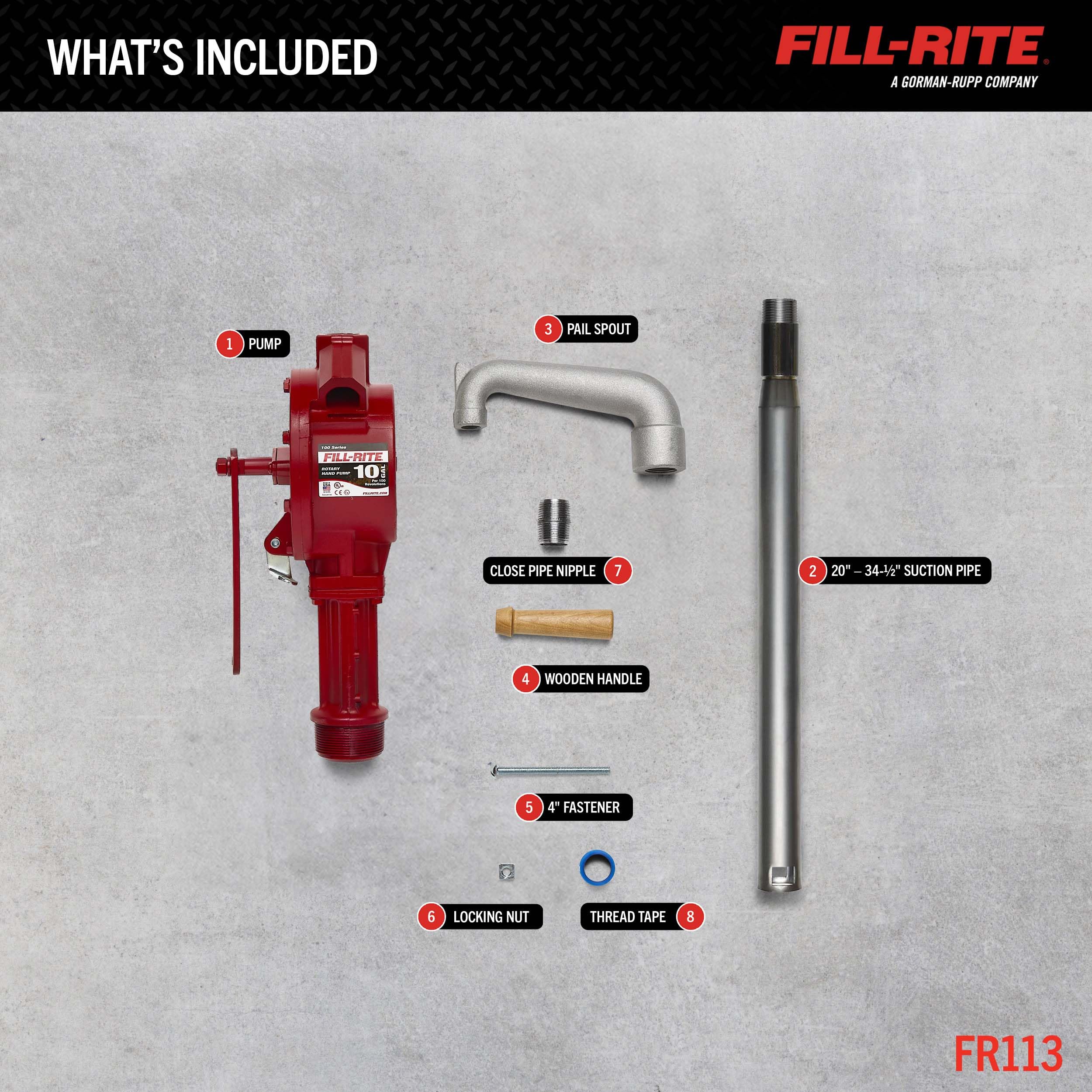 Fill-Rite Fuel Transfer FR113 Rotary Hand Pump w/Pail Spout & Suction Pipe
