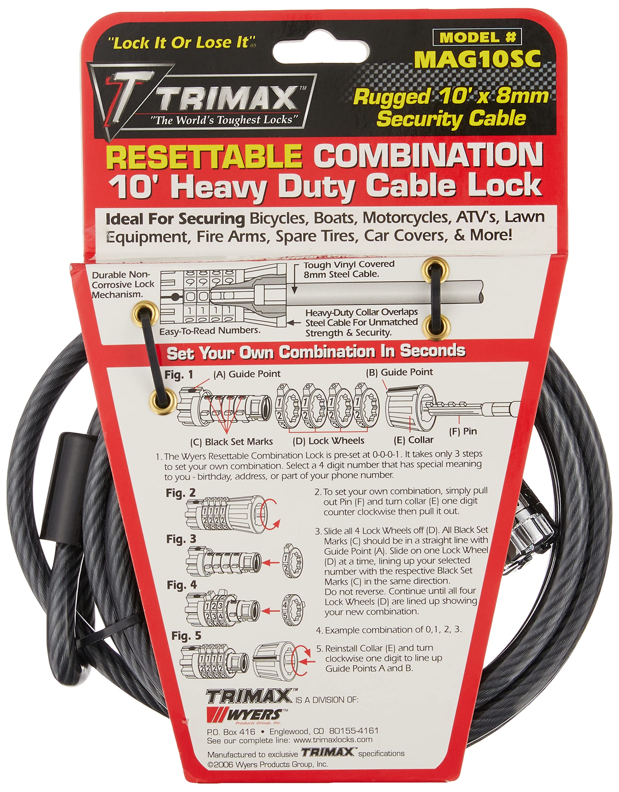 10ft Trimax MAG10SC Combination Cable Lock