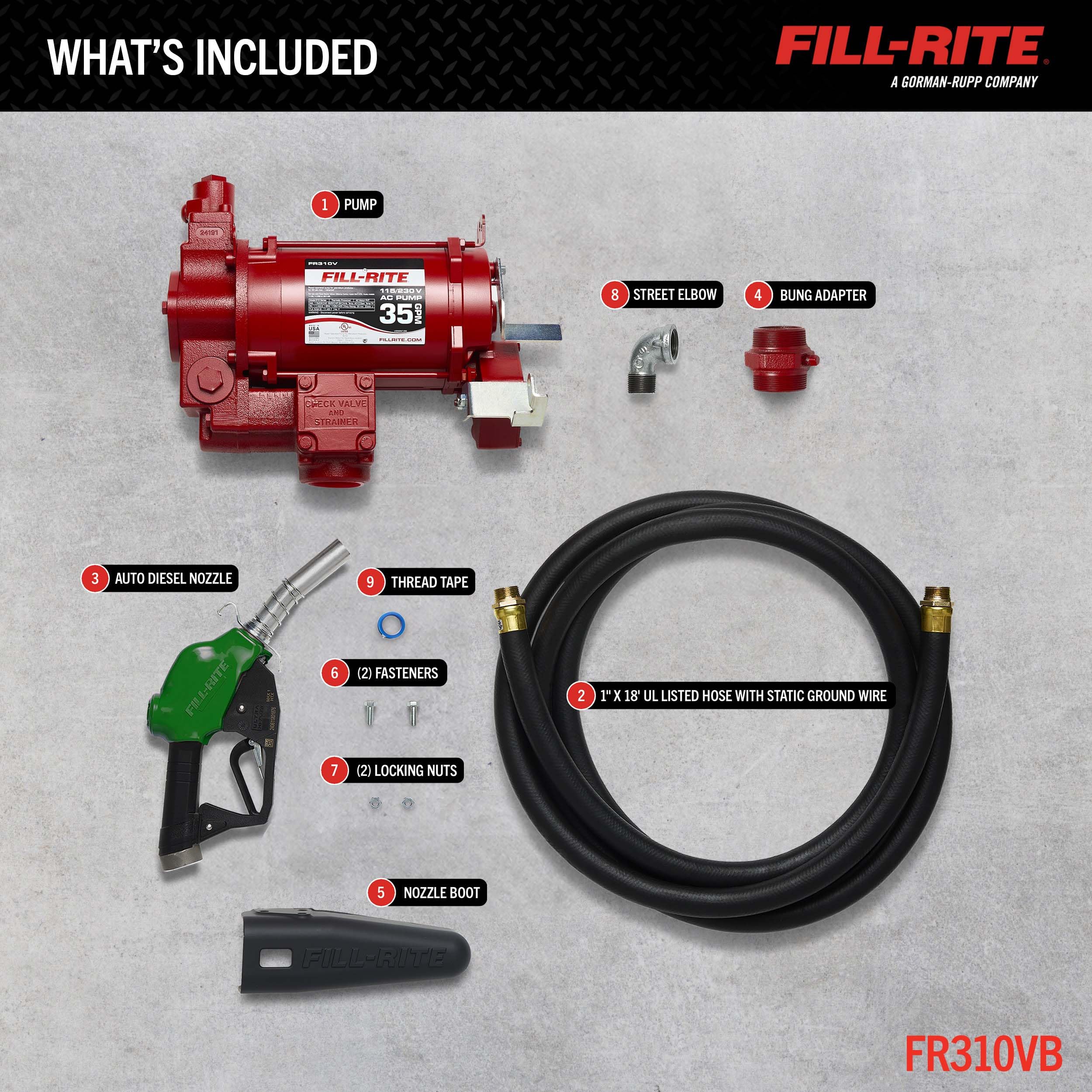 Fill-Rite 35 GPM FR310VB Fuel Transfer Pump w/Discharge Hose & Automatic Nozzle 115V/230V (Green)