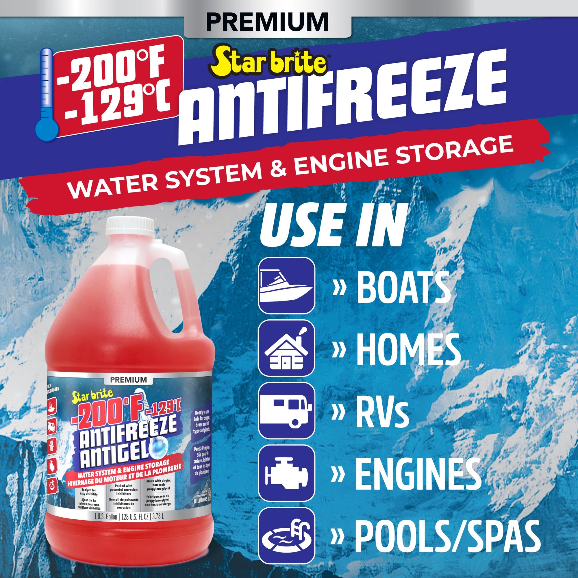 Non-Toxic STAR BRITE Premium -200°F Antifreeze for RV, Marine & Water Systems, Propylene Glycol Formula with Corrosion Inhibitors, Ready-to-Use Cold Weather Protection
