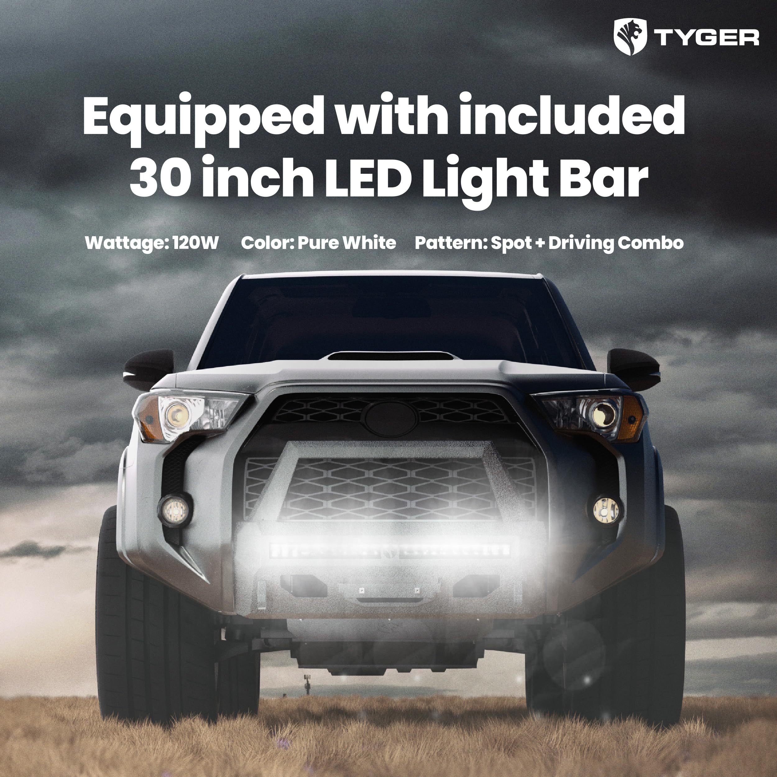 Tyger Auto Fury Bumper Center Guard + Light Bar Compatible with 2014-2024 Toyota 4Runner (Exclude Limited; Nightshade; TRD Sport) | Winch Plate | D-Ring | Textured Black | Rock Crawler | TG-BP7T32428