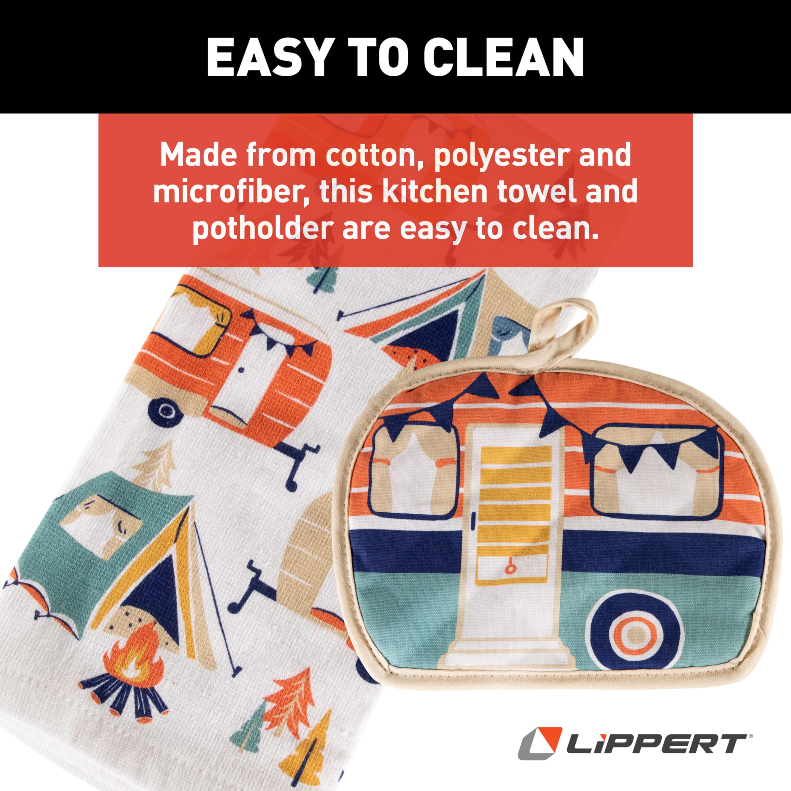 2-Piece Lippert Kitchen Towel & Potholder Set with Unique RV Camping Print, Machine Washable Fabric, Great Gift for Campers - 2023051697
