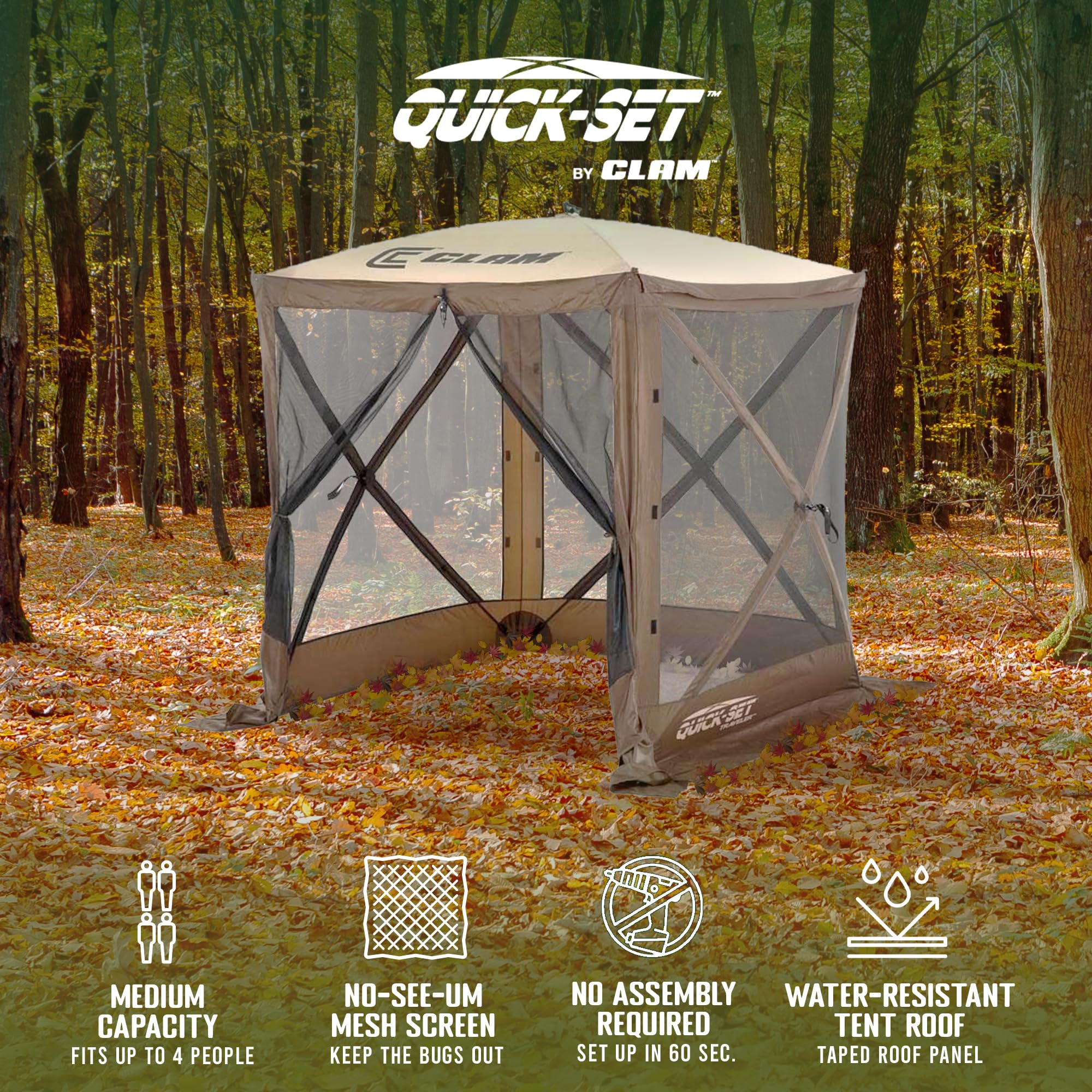 Pop Up CLAM Screen Tent, Outdoor Camping Gazebo Canopy, Traveler, 6' x 6', Brown