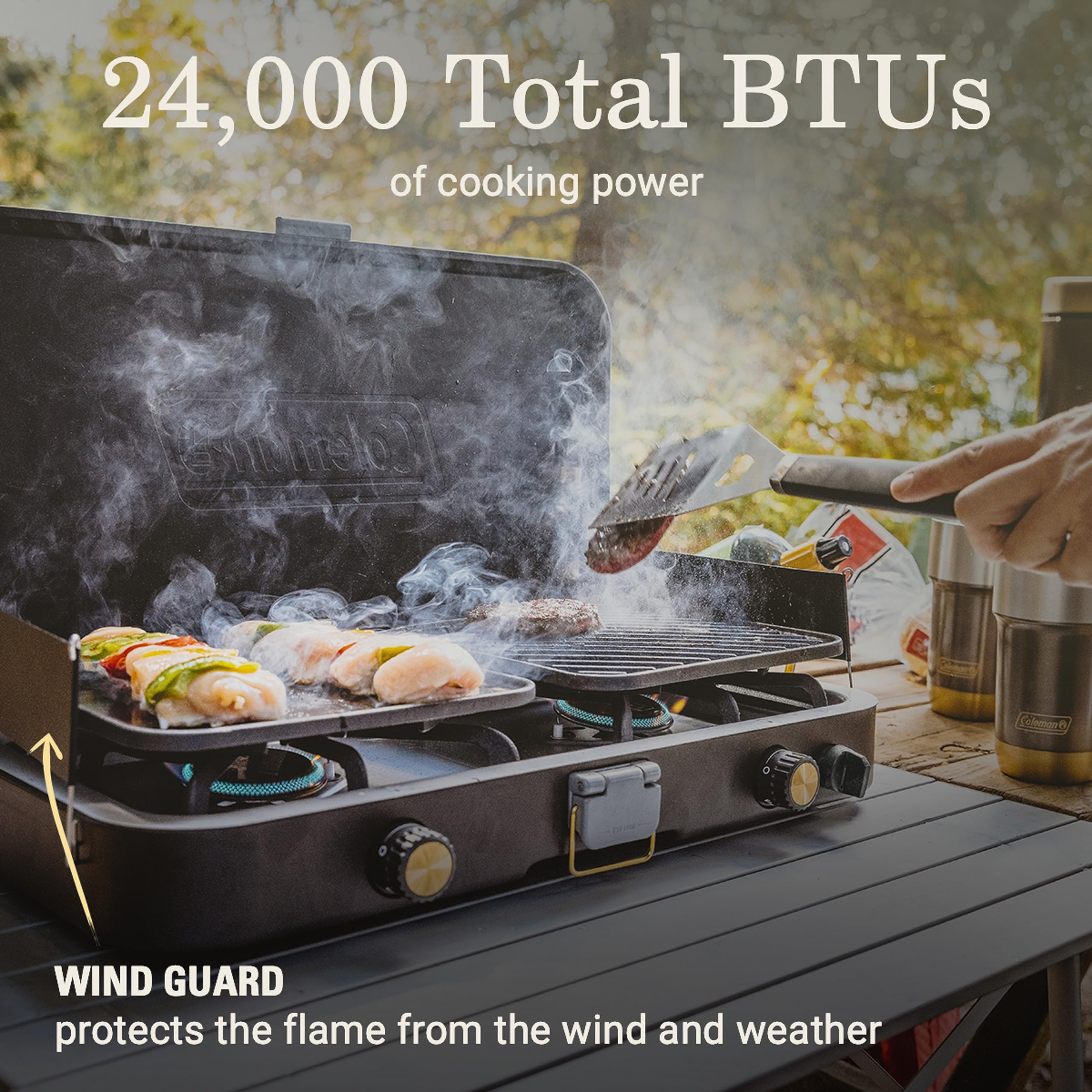 Coleman 3-in-1 Propane Camping Stove 1900 Collection, Cast Iron Grill & Griddle Accessories Included, 24,000 BTUs Across 2 Adjustable Burners with Wind Guards & Matchless Lighting