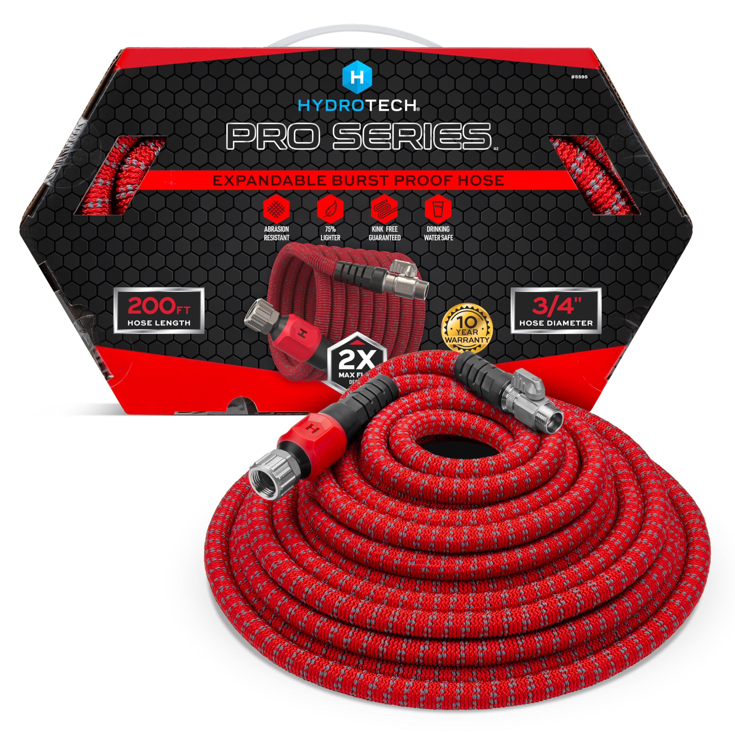 200 ft HydroTech Expandable Garden Hose - Pro Series, 2x Max Flow, 3/4" No-Kink Flexibility, Lightweight Hose for Lawn, Garden, Car Washing, Deck and Patio Cleaning