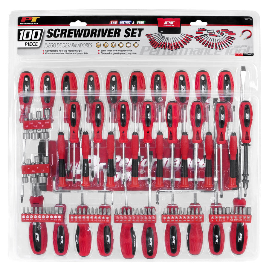 Screwdriver Set Performance Tool W1721 with Chrome Vanadium Blades, Magnetic Tips, and Zippered Organizing Pouch, Red (100-Piece)