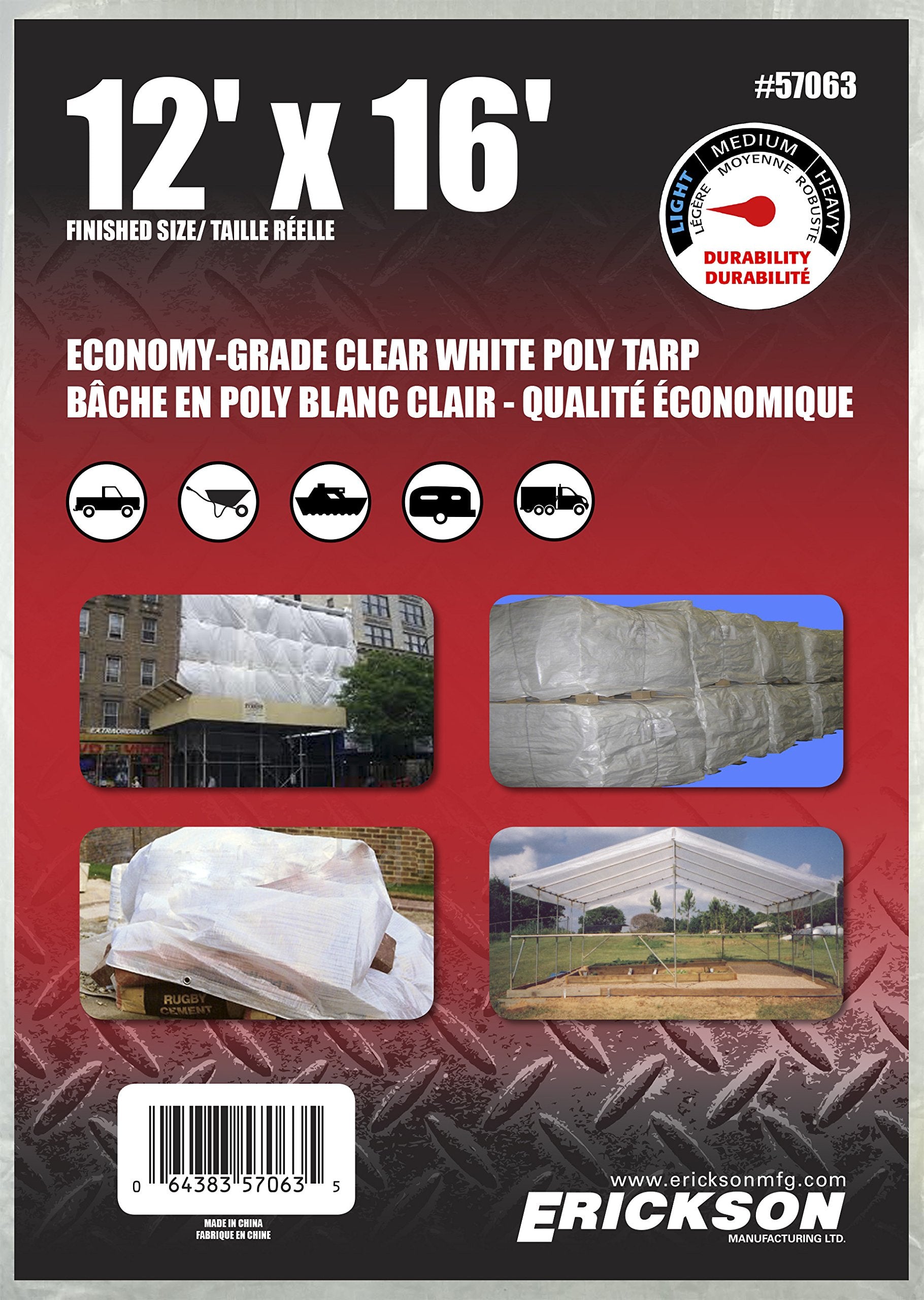Economy Grade Erickson 57063 Clear White Poly Tarp, 12' x 16', 1 Pack