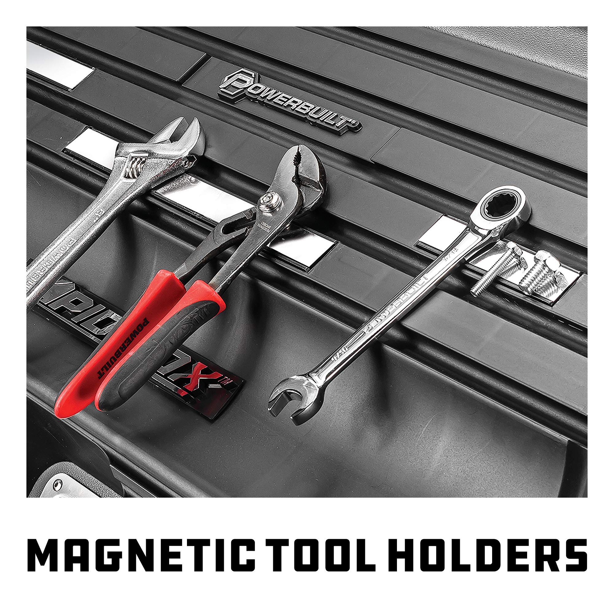 Powerbuilt 26 Inch Rapid Portable Slant Front Toolbox Tiered Tool Holders, 16 Gauge Steel, Weather-Resistant Lockable Magnetic Lid, Grey - 240102