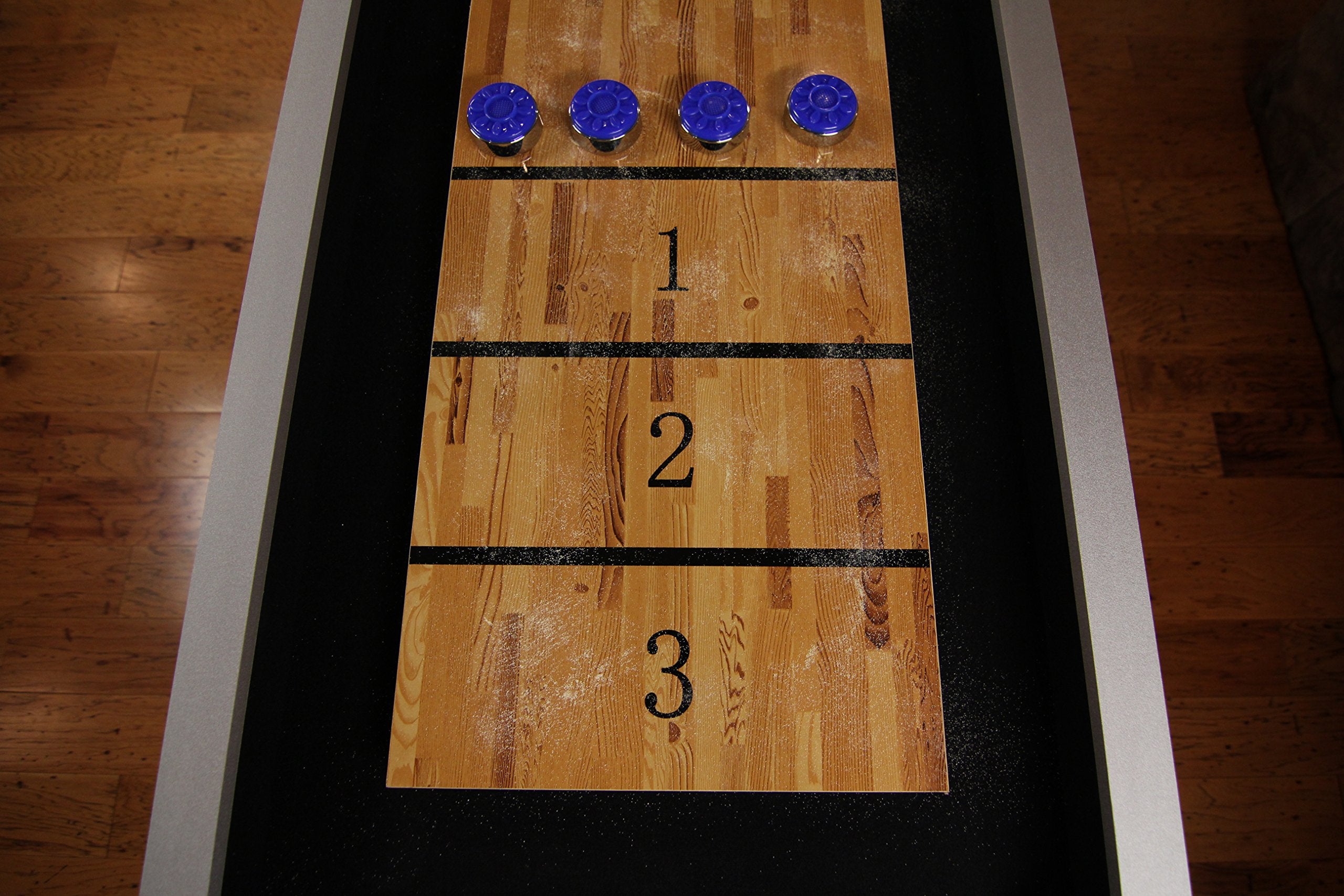 9’ Atomic Shuffleboard Table with Poly-Coated Playing Surface for Smooth, Fast Puck Action and Pedestal Legs with Levelers for Optimum Stability and Level Play