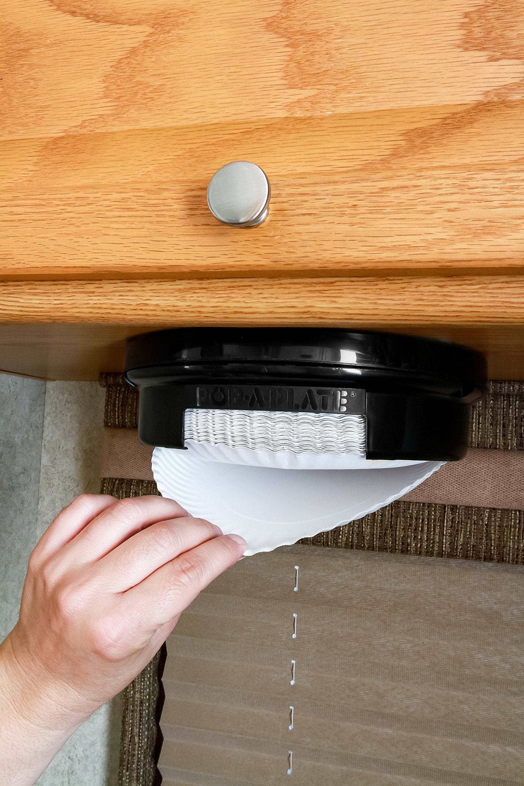 Pop-A-Plate Camco 9-inch Plastic Plate Dispenser | Ideal for Compact Spaces, RVs and Trailers | Mounts Under Cabinets or Shelves | Black (57006)