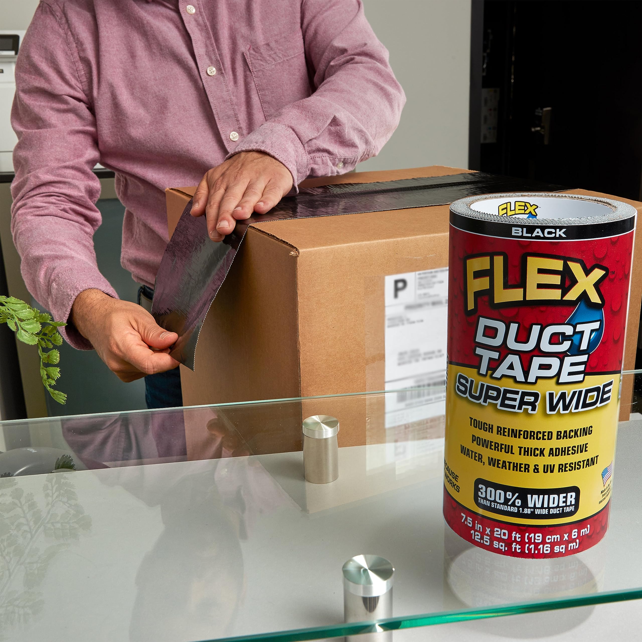 Super Wide Flex Duct Tape, 7.5 Inches x 20 Feet, Black, Heavy Duty Strong, Multi-Surface, Water, Weather and UV Resistant, Tearable, Perfect for Boxes, No Residue