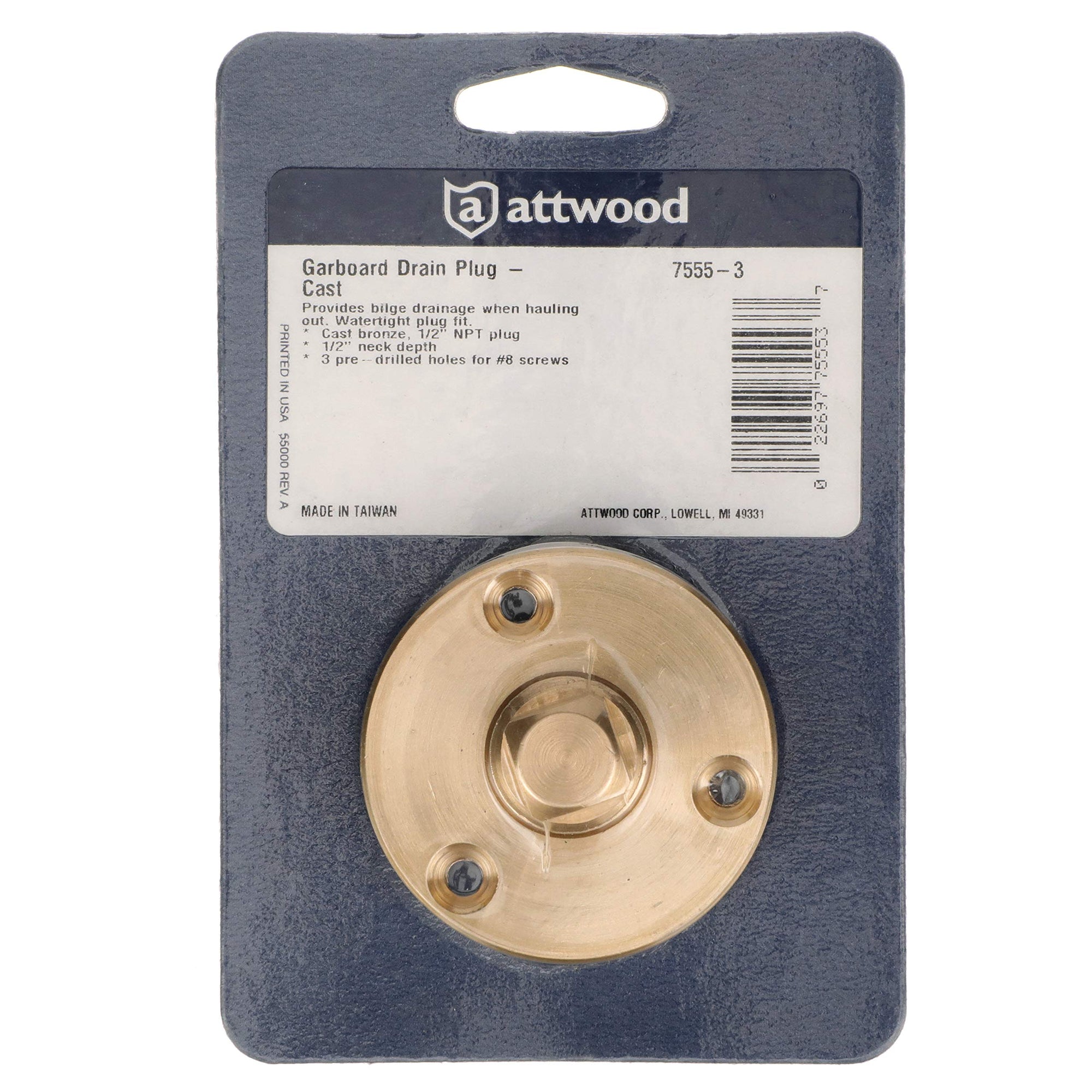 Bronze Attwood 7555-3 Garboard Drain Plug, for Bilge Drainage, Removable Nut, 3/8-Inch Neck Depth, ½-Inch NOT Drain