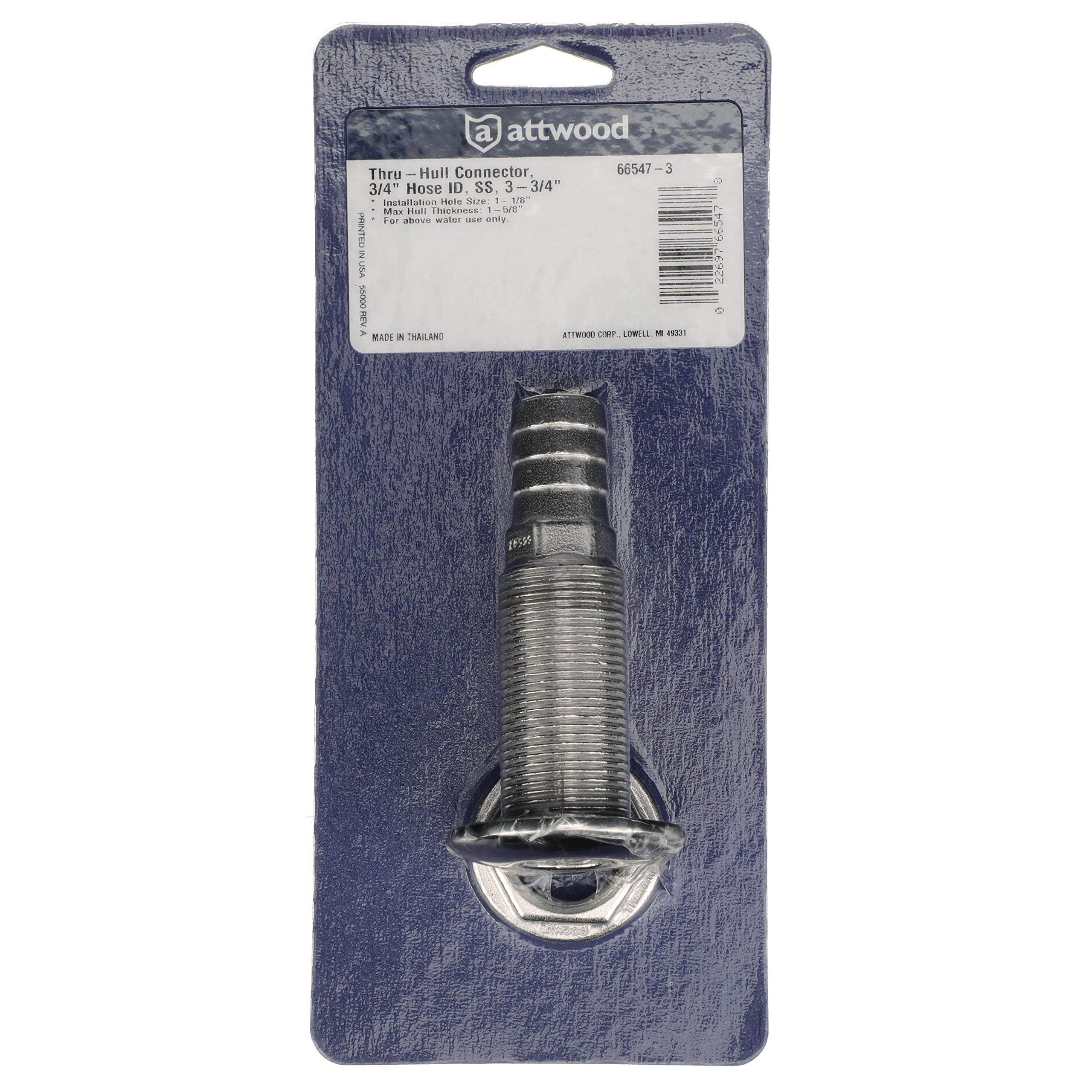 Stainless Steel Attwood 66547-3 Straight Thru-Hull Valve Fitting, Barbed, Standard Length, for 3/4-Inch Interior Diameter Hose