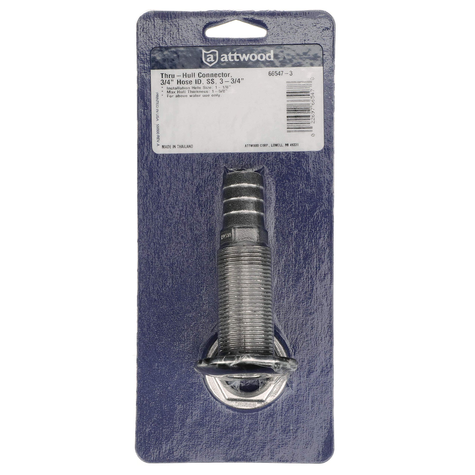 Stainless Steel Attwood 66547-3 Straight Thru-Hull Valve Fitting, Barbed, Standard Length, for 3/4-Inch Interior Diameter Hose