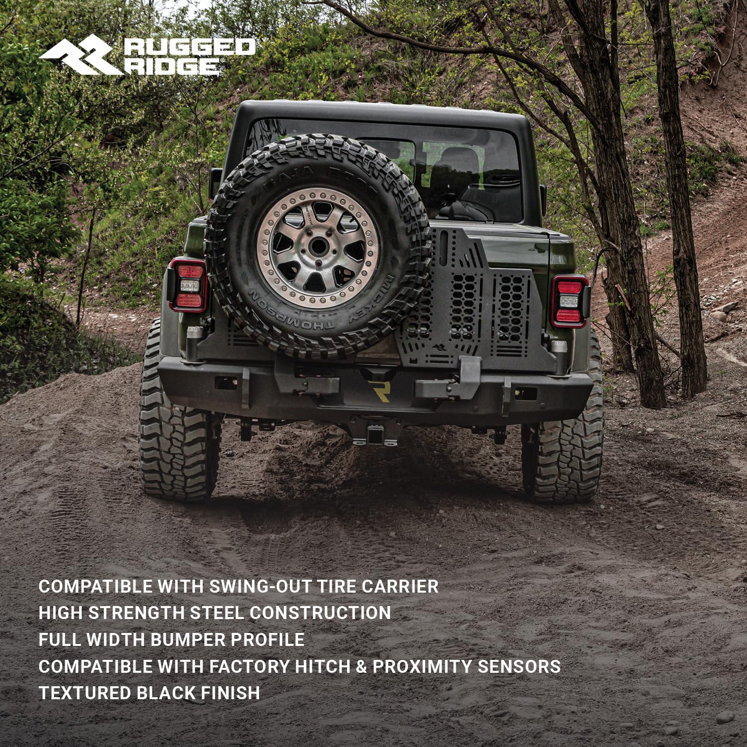 Rugged Ridge Rear Bumper WingMate for Jeep Gladiator JT | Accommodates Swingout Tire Carrier, Dual Pivot Points, 3/16" Steel, Textured Black | 11540.38 | Fits 2020-2024 Jeep Gladiator JT
