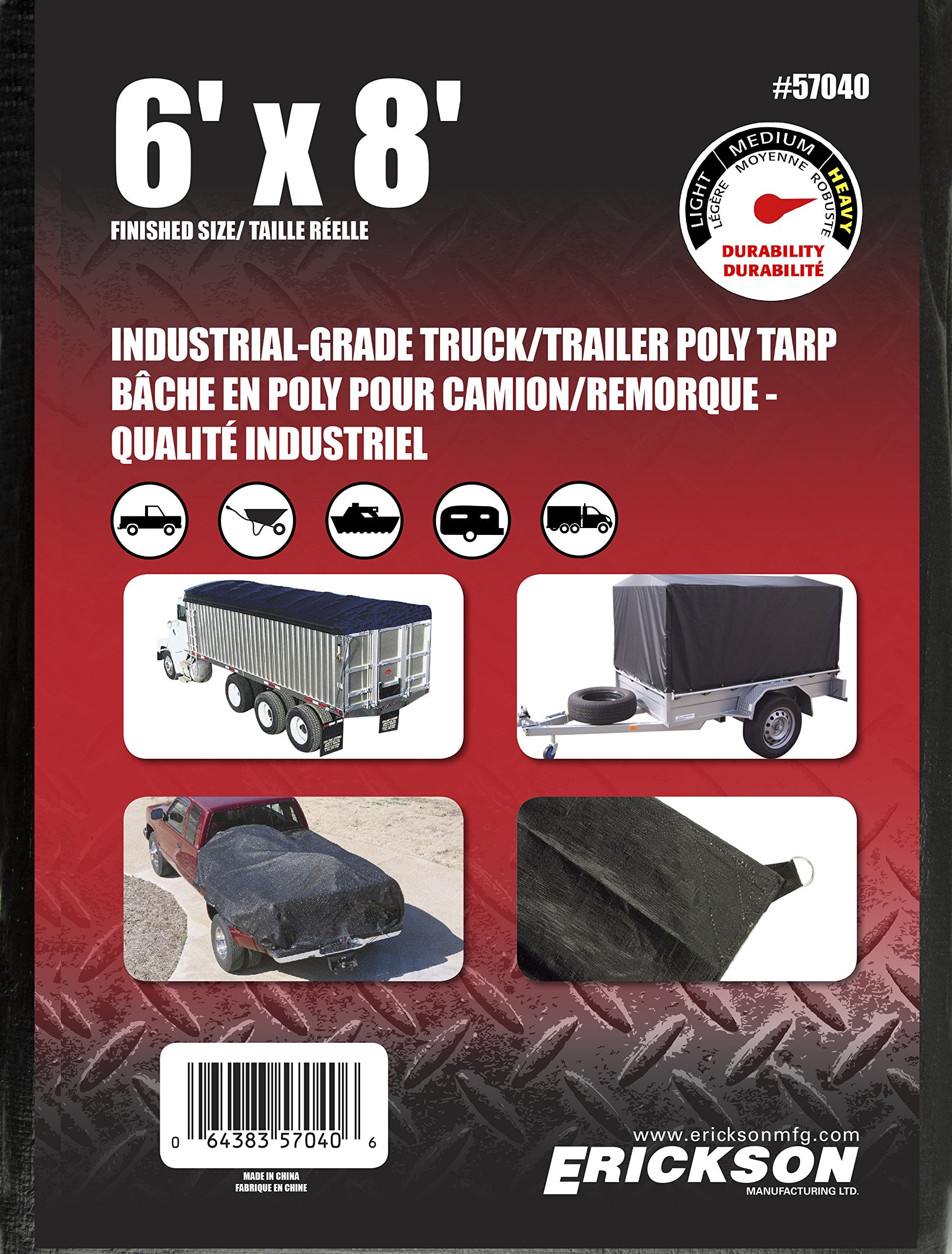 Black Erickson Industrial Grade Truck/Trailer Poly Tarp, 6' x 8', 1 Pack