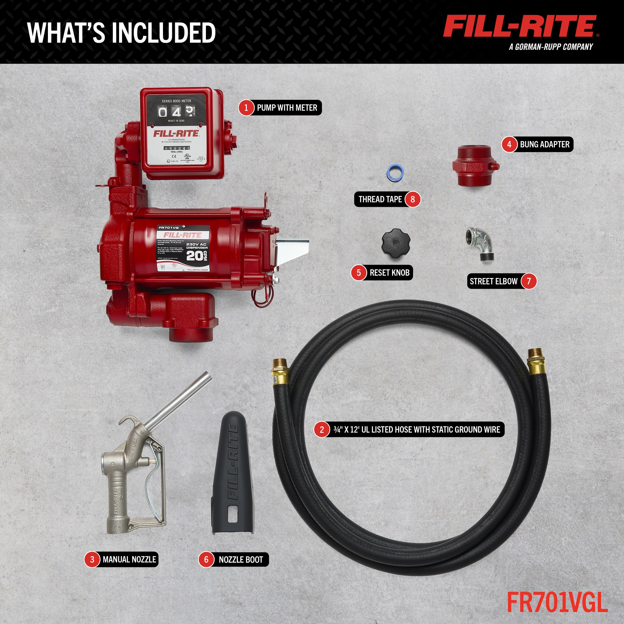 Fill-Rite 220V FR701VGL AC Pump, 3/4"x12' Hose, 1" Manual Nozzle, 807CL Meter Liter