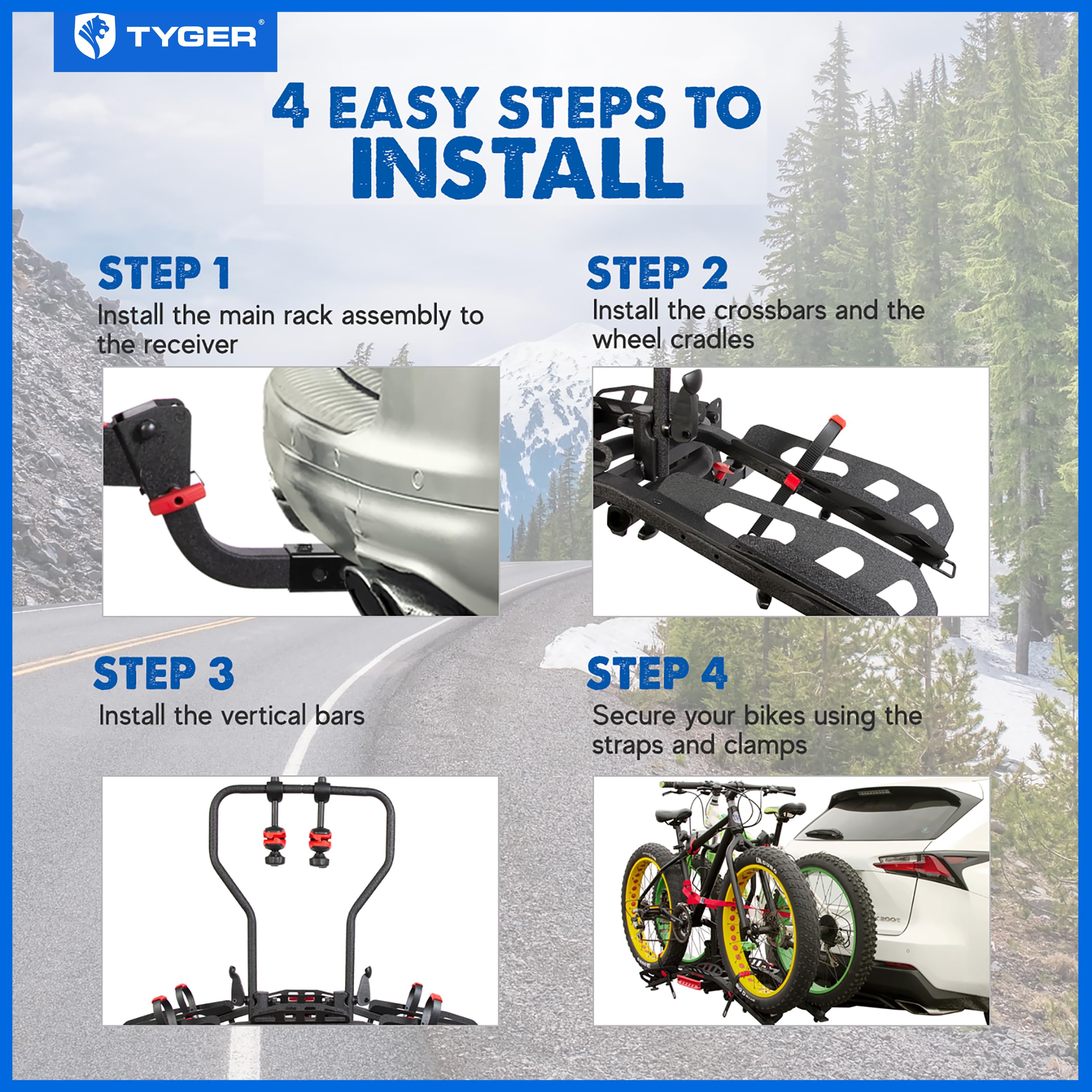 2-Bike Tyger Auto TG-RK2B827B Hitch Mounted Bicycle Platform Carrier Rack | Compatible with Electric Bikes | Free Hitch Lock | Fits 2" Receivers