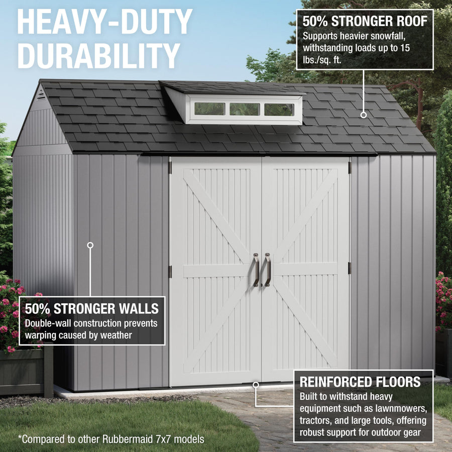 Rubbermaid Outdoor Extra Large Resin Storage Shed With Floor (7 x 10 Ft.), Weather Resistant, Brown, Organization for Home/Lawn Mower/Backyard Equipment/Bike Storage/Pool Supplies