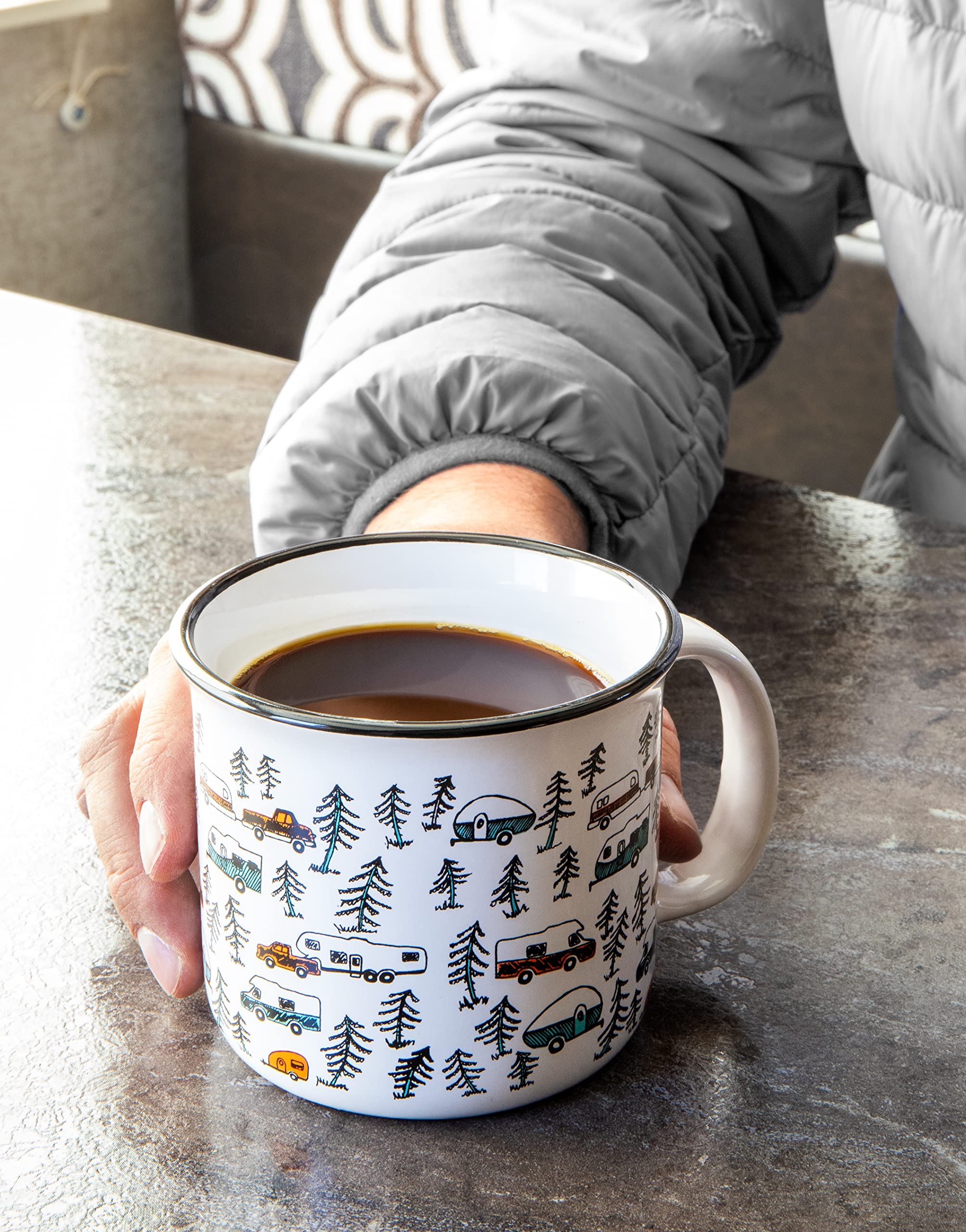 Camco Ceramic Coffee Mug is Better at The Campsite - Microwave and Dishwasher Safe - Features Sketched RVs Design - Coffee Cup Holds 14oz. (53383)
