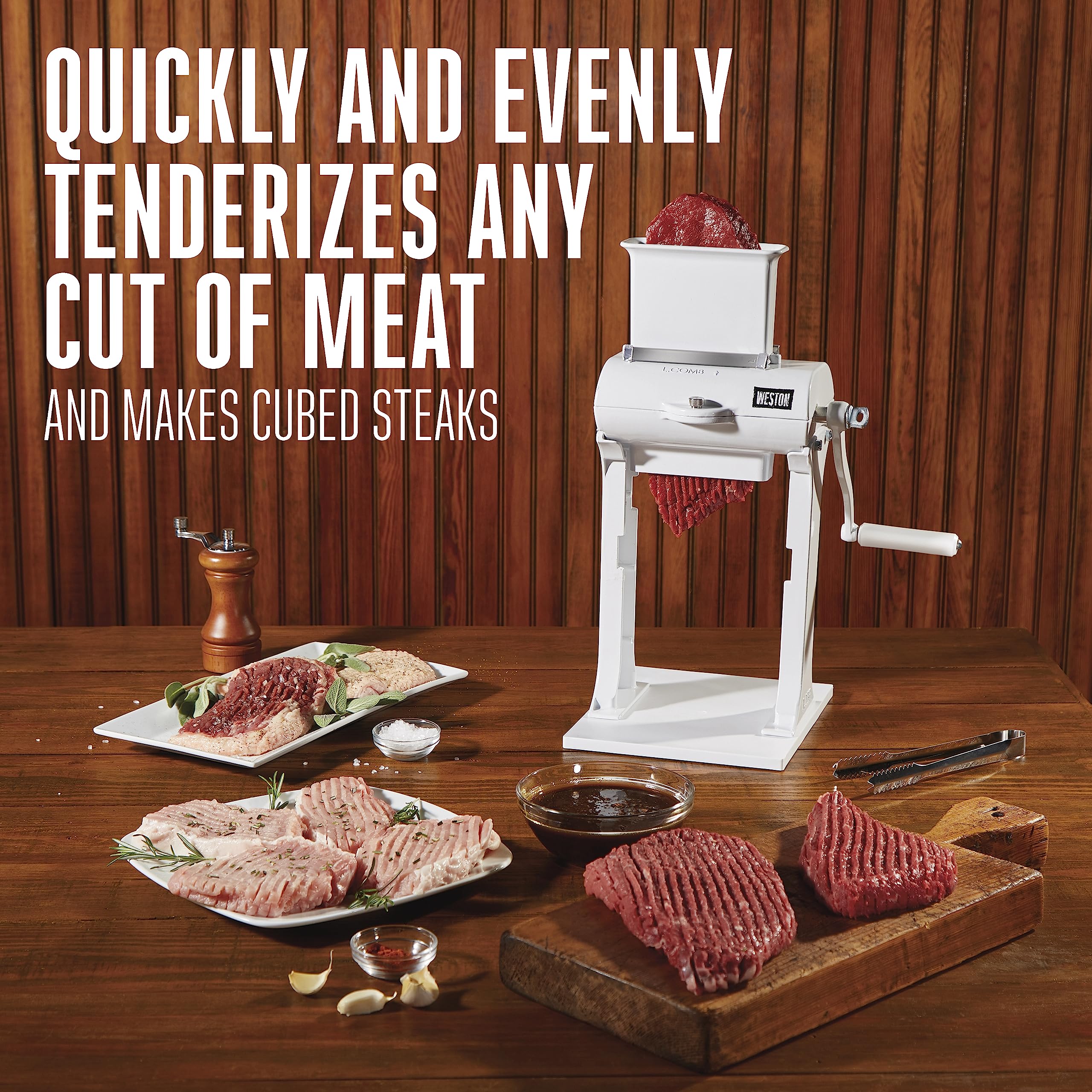 Weston Meat Tenderizer Tool & Cuber Heavy Duty, Quick and Easy Manual Operation For Cuts Up To 4.5” Wide x .75” Thick, Durable Aluminum Construction, Stainless Steel Blades, White (07-3101-W-A)