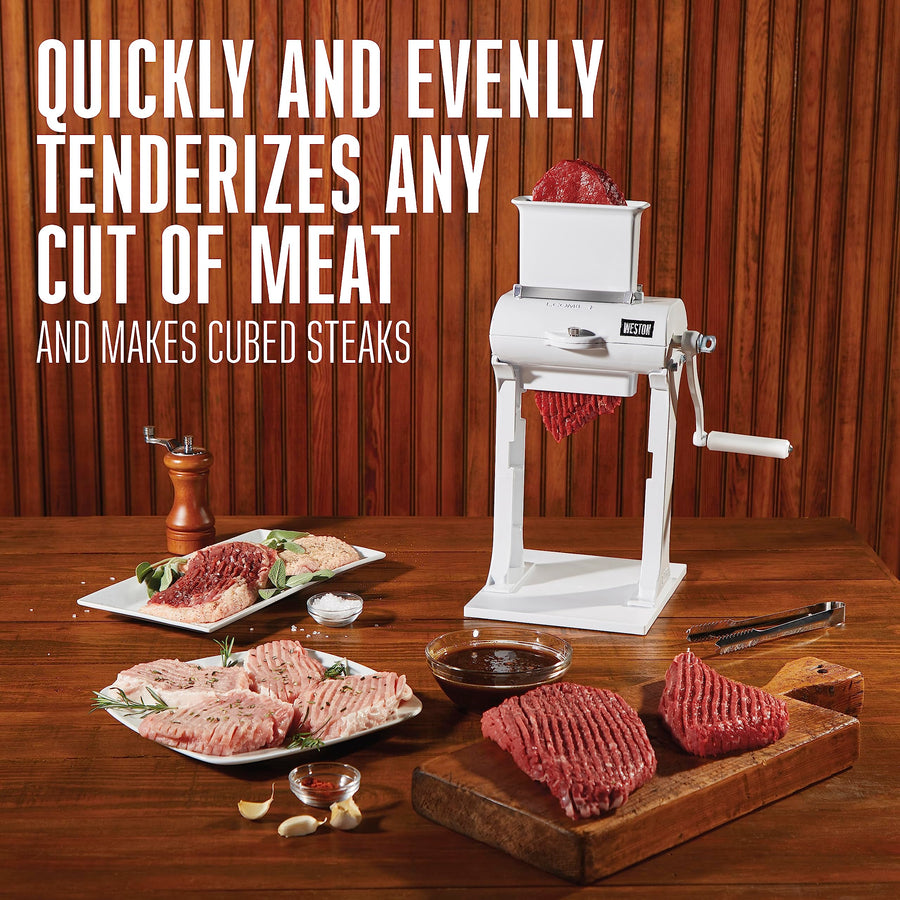 Weston Meat Tenderizer Tool & Cuber Heavy Duty, Quick and Easy Manual Operation For Cuts Up To 4.5” Wide x .75” Thick, Durable Aluminum Construction, Stainless Steel Blades, White (07-3101-W-A)