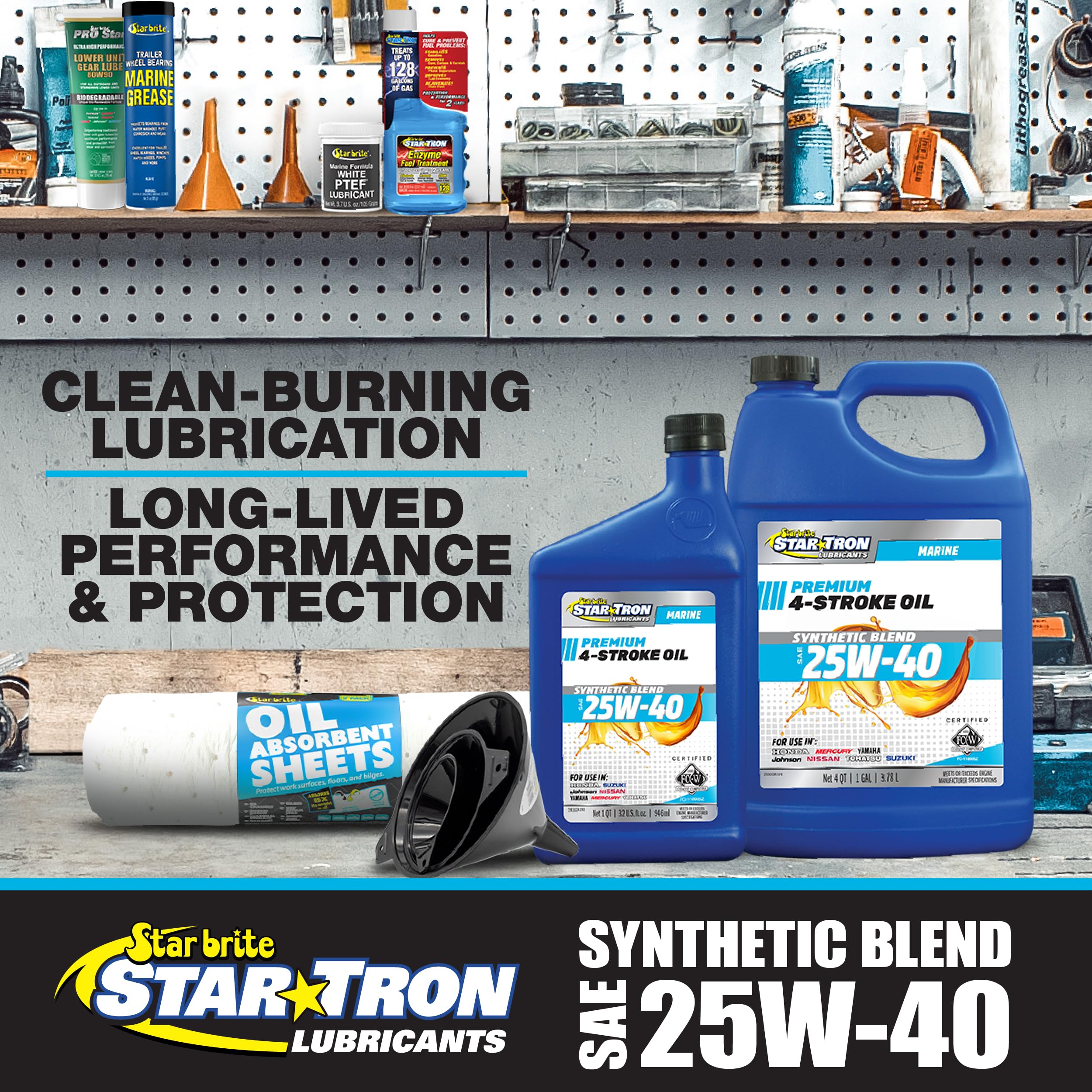 Star Tron Premium 4 Stroke Marine Oil STAR BRITE - 25W-40 Synthetic Blend Engine Oil for Outboards, Gasoline Inboards & Stern Drives - NMMA FC-W Certified, 32 OZ (028332)