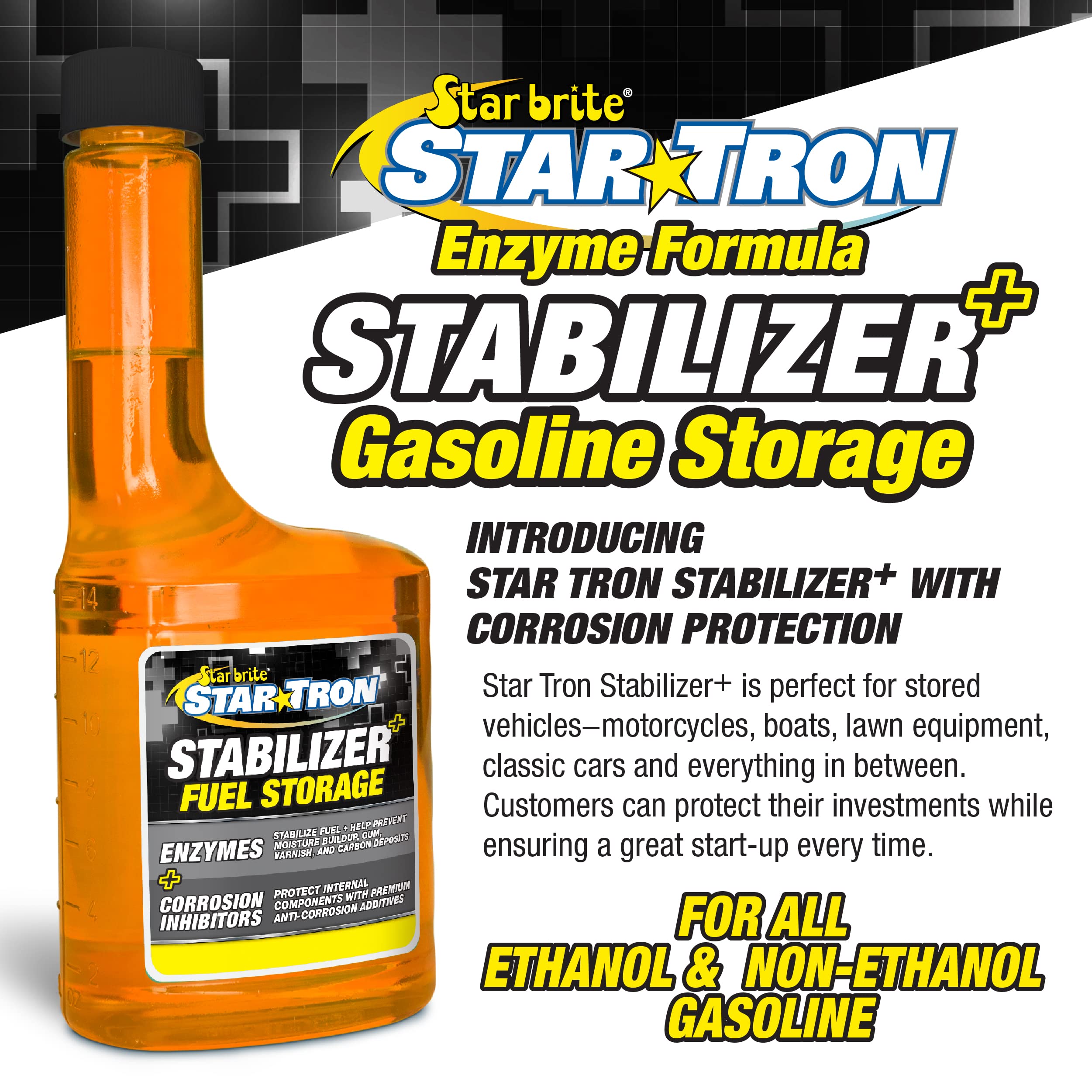 Stabilizer+ Star Tron Fuel Storage & Corrosion Protection, Treats 80 Gallons of Gas - Ideal for Motorcycles, Boats, Lawn Equipment, Classic Cars - 16 OZ (014816)