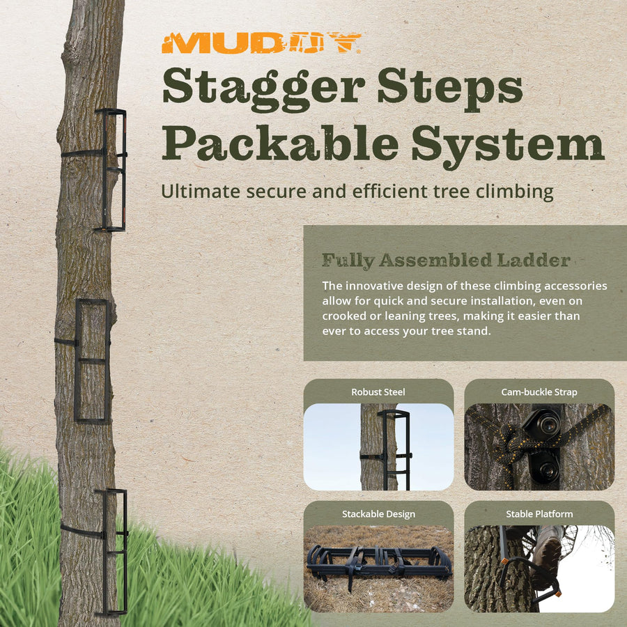 Muddy Ladder Climbing System, 300 Lbs Capacity Steel Stagger Steps, for Outdoor Hunting, Tree Climbing, Crooked or Leaning Trees, Black, 3 Pack