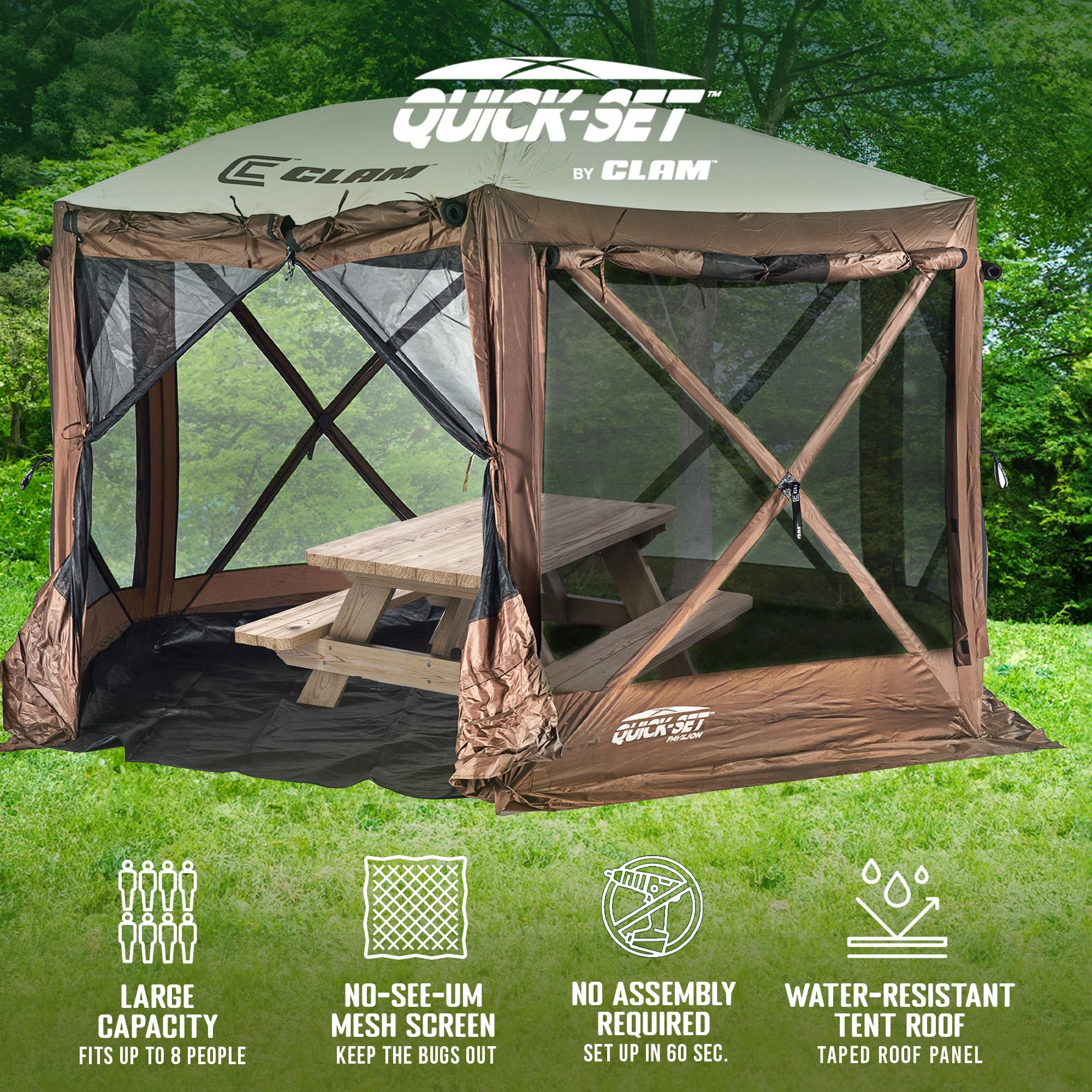 Clam Quick-Set Pop Up Screen Tent & Shelter, Outdoor Camping Gazebo Canopy, 12.5', Brown
