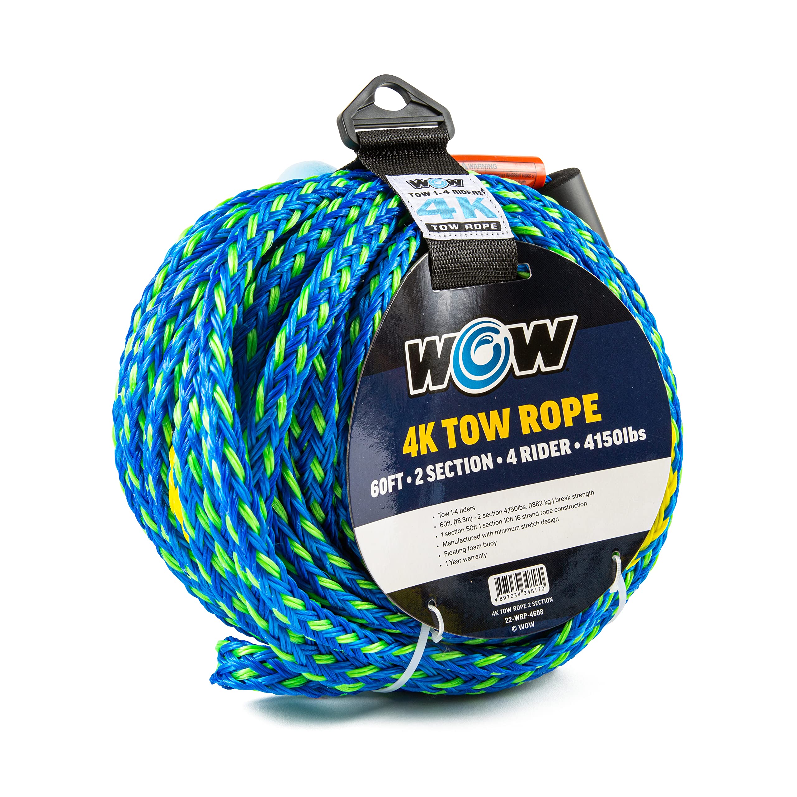 WOW Sports Towing Rope for Wakesurf, Water Ski and Wakeboard, 4-Rider 4K Tow Rope with 2 Sections, 60'