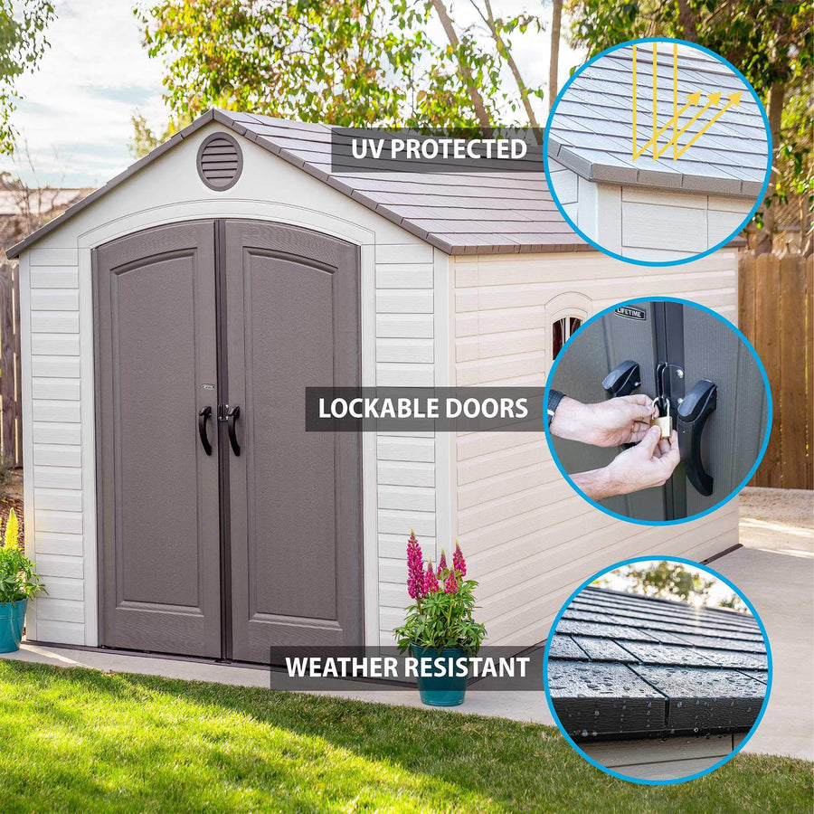 Outdoor Storage Shed Lifetime 60075, 8x15 Ft, Desert Sand, Resin Backyard Tool Shed with Lockable Doors and Weather-Resistant Panels