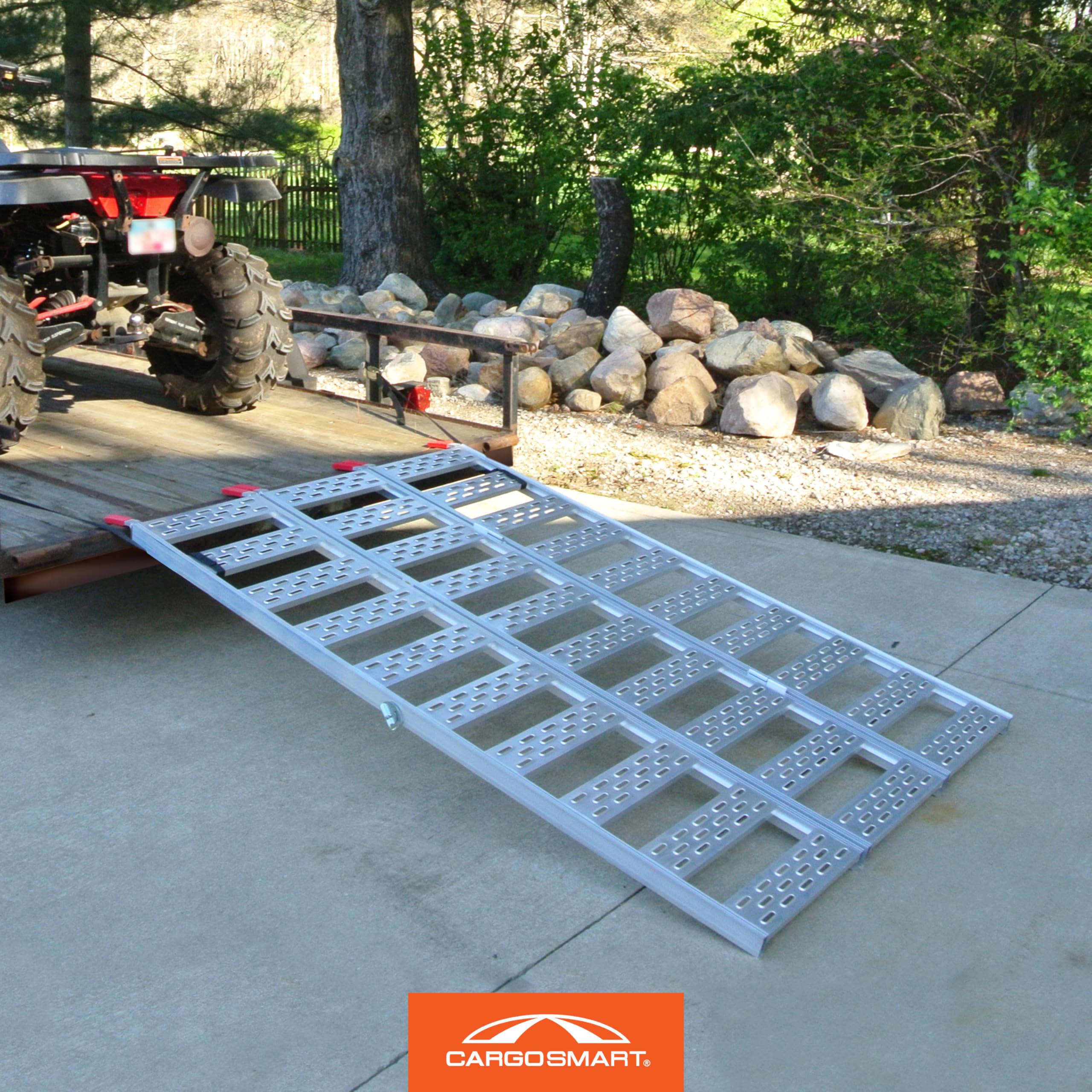 Tri-Fold CargoSmart Aluminum Ramp with Treads, 1 Pack — 1,500lb Capacity/500lb per Section, 50” W x 76” L — Safely and Easily Load or Unload Push Mowers, Garden Tillers, ATVs and More