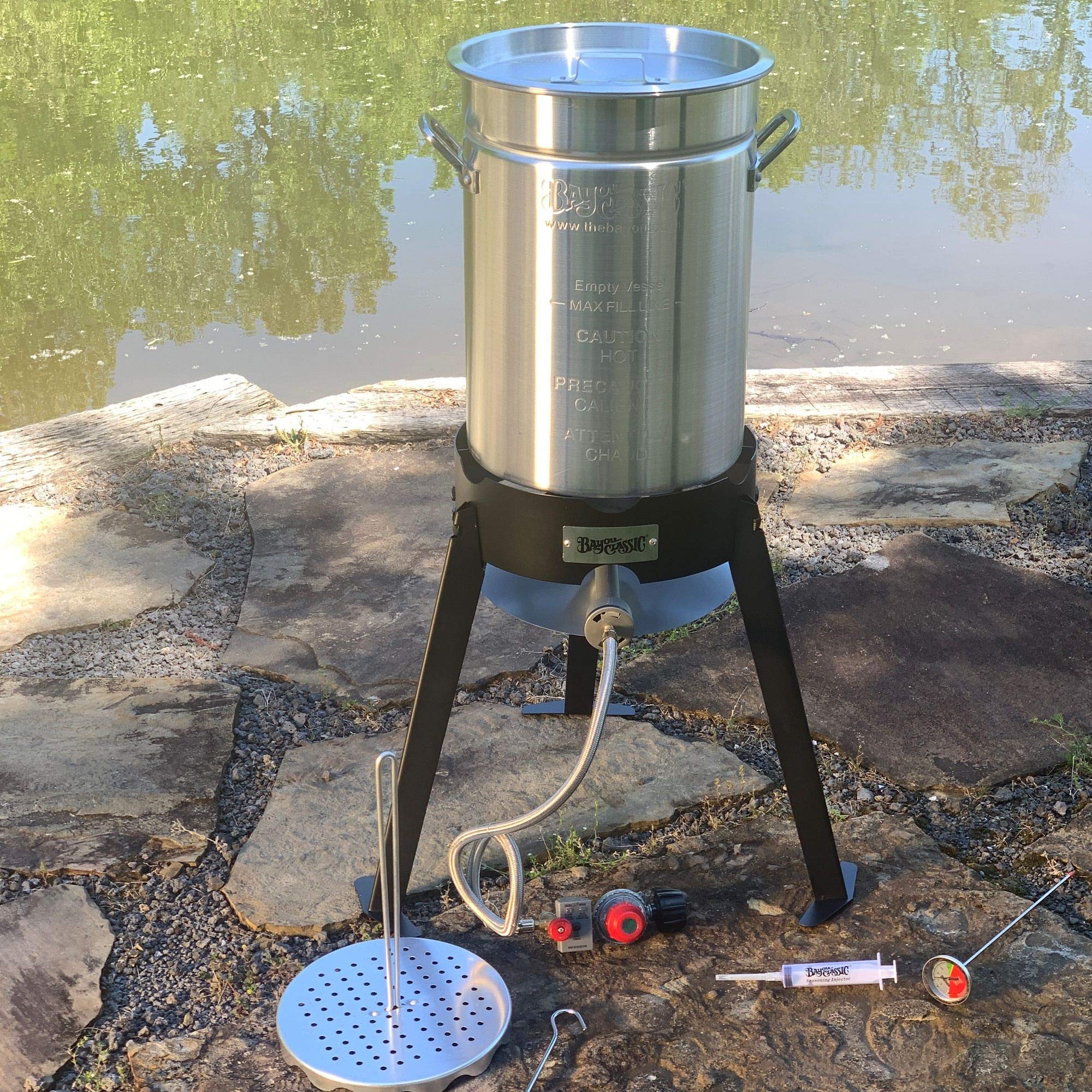 30-qt Bayou Classic Aluminum Turkey Fryer Kit Features w/ Lid Lift Hook and Rack 1-oz Seasoning Injector 12-in Fry Thermometer 19-in Tall Steel Cooker w/ 4-in Burner