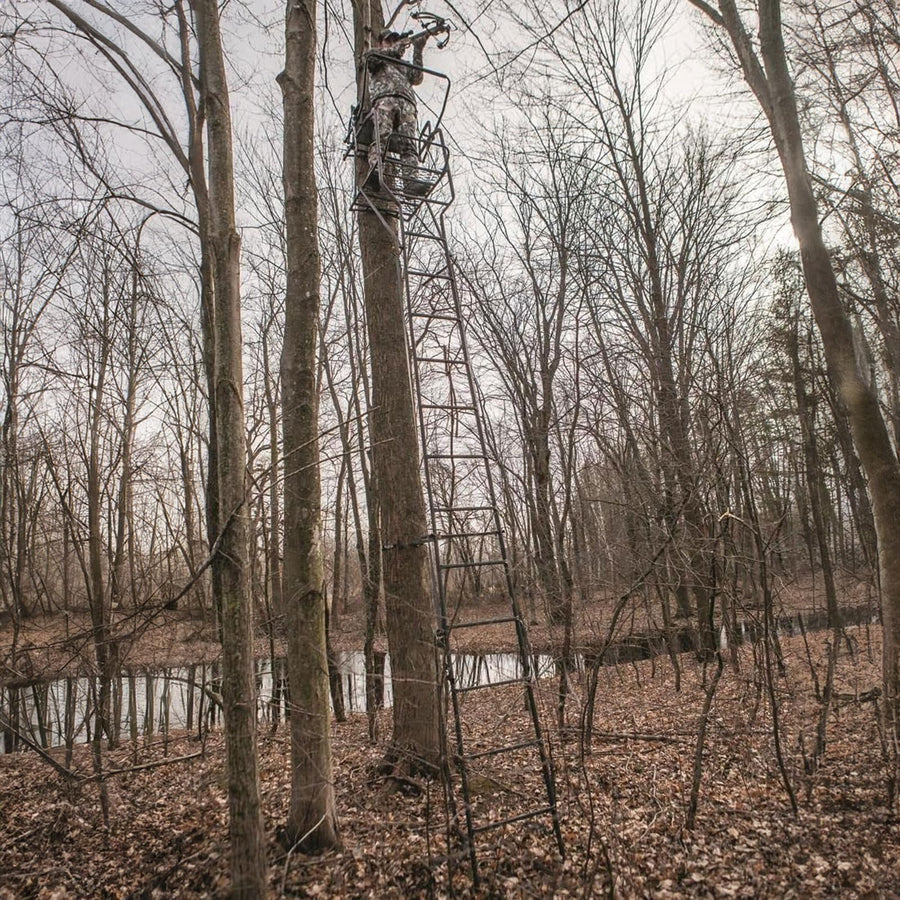 20' Hawk 1.5-Man Bighorn Ladder Stand | Durable Hunting Archery Steel Tree Stand with Chair, Kick-Out Footrest, Flip Back Shooting Rail