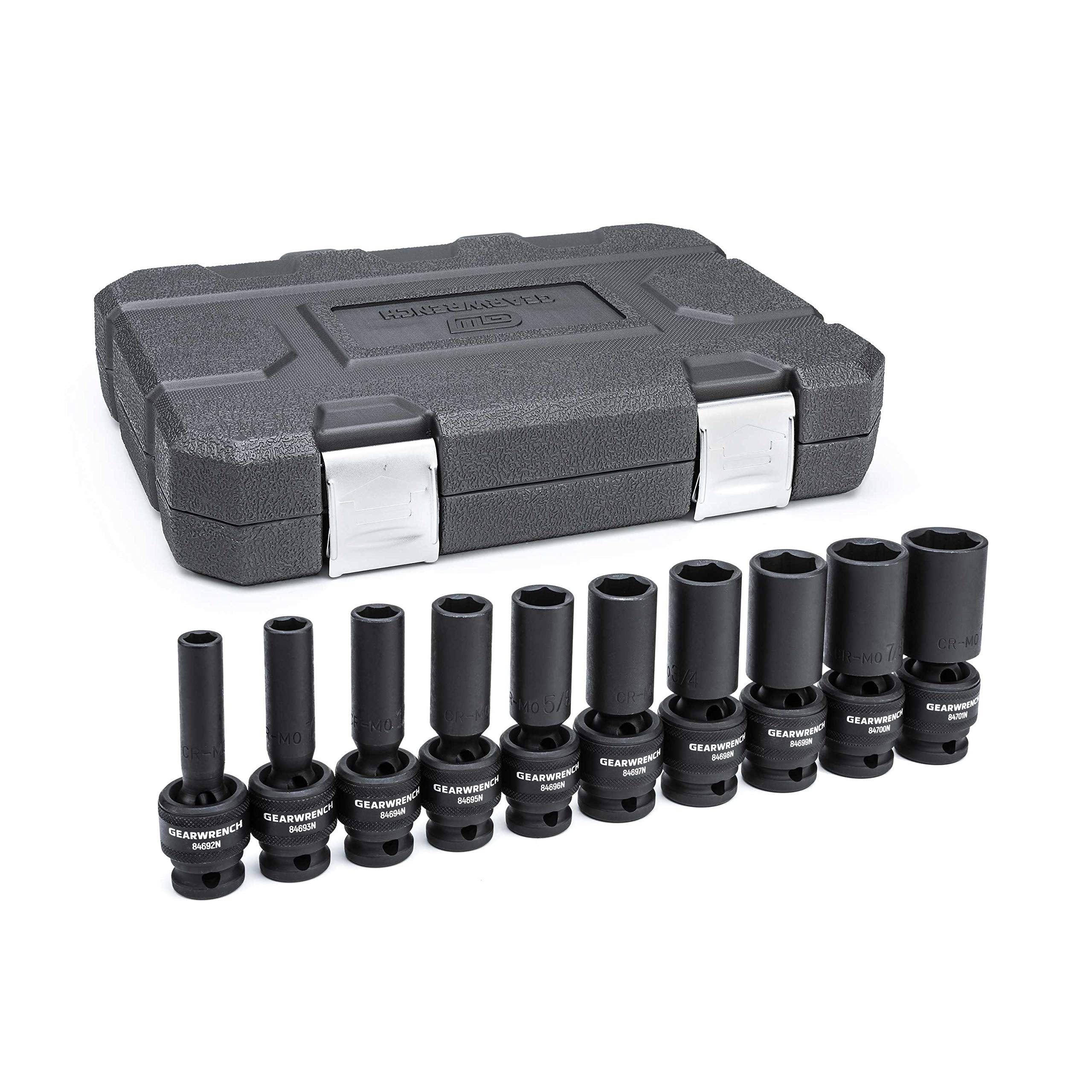 10 Pc. GEARWRENCH 1/2" Drive 6 Pt. Deep Universal Impact Socket Set, SAE - 84943N