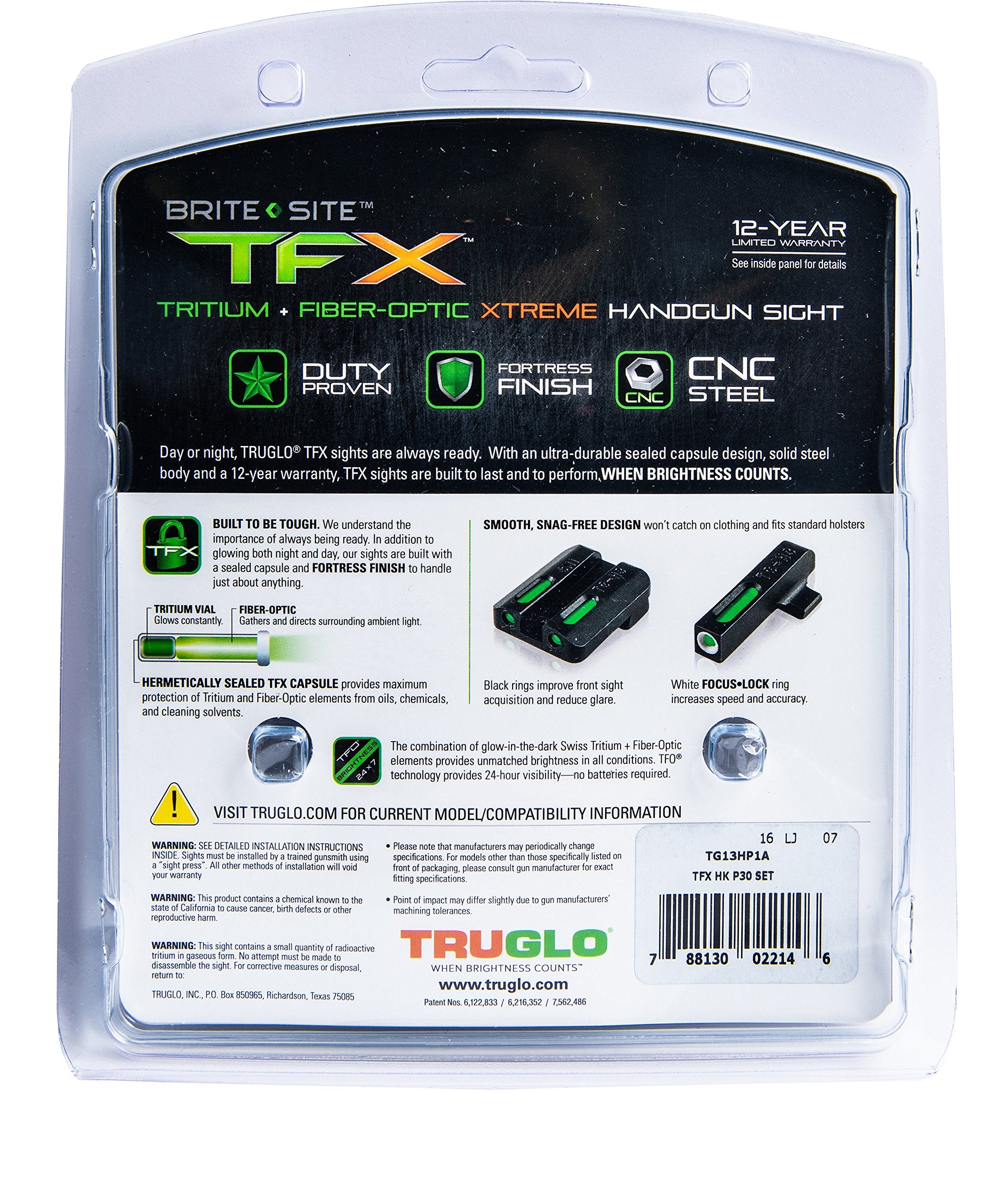 Handgun Sight TRUGLO TFX | Durable Shock-Resistant Compact Brightly Glowing Tritium & Fiber-Optic Xtreme Day/Night Sight, Compatible with H&K P30 Handguns