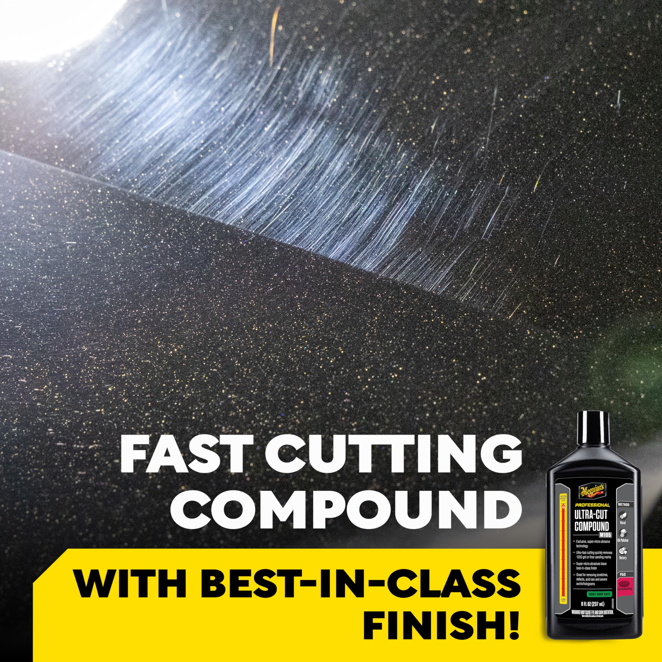 Meguiar’s M105 Mirror Glaze Ultra-Cut Compound, Pro-Grade Car Compound for Removing Scratches and Heavy Swirls, Restores Gloss and Clarity, Car Guy Gifts for Men and Women Who Love to Detail, 8 Oz