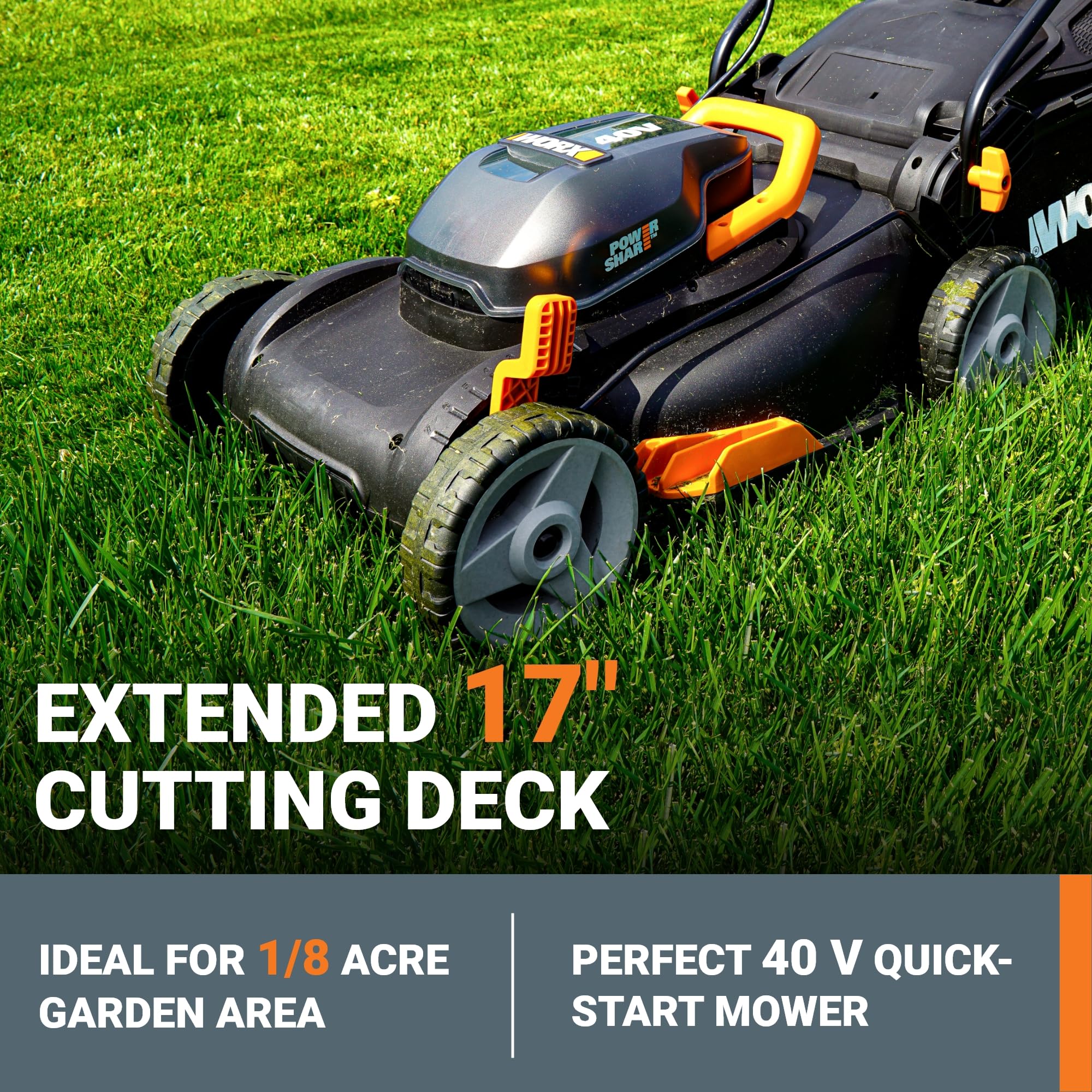 17" WORX Cordless Lawn Mower, 2 in 1 Electric Mower Cuts Quietly, Compact & Lightweight Push Lawn Mower with 7-Position Height Adjustment for Small Yards, 2 Batteries & Charger Included, WG743