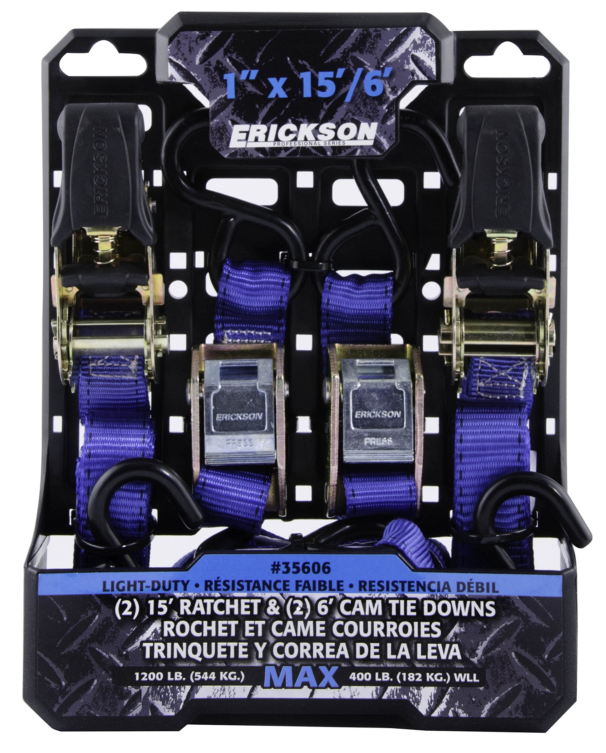 35606 Erickson Light Duty Tie-Down Strap, 2 Pack (Combo Pack Contains 2 Ratchet Straps and 2 Cam Lock Straps, 1200 lb Load Capacity)
