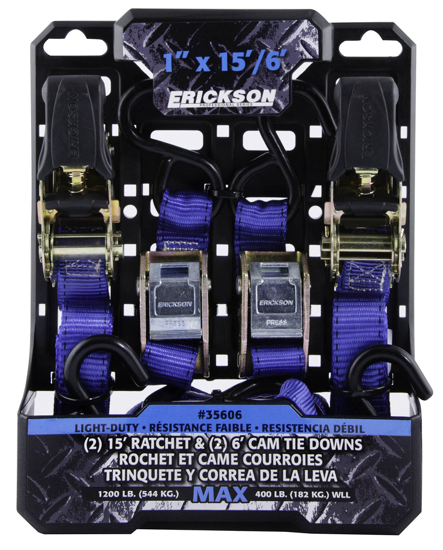 35606 Erickson Light Duty Tie-Down Strap, 2 Pack (Combo Pack Contains 2 Ratchet Straps and 2 Cam Lock Straps, 1200 lb Load Capacity)