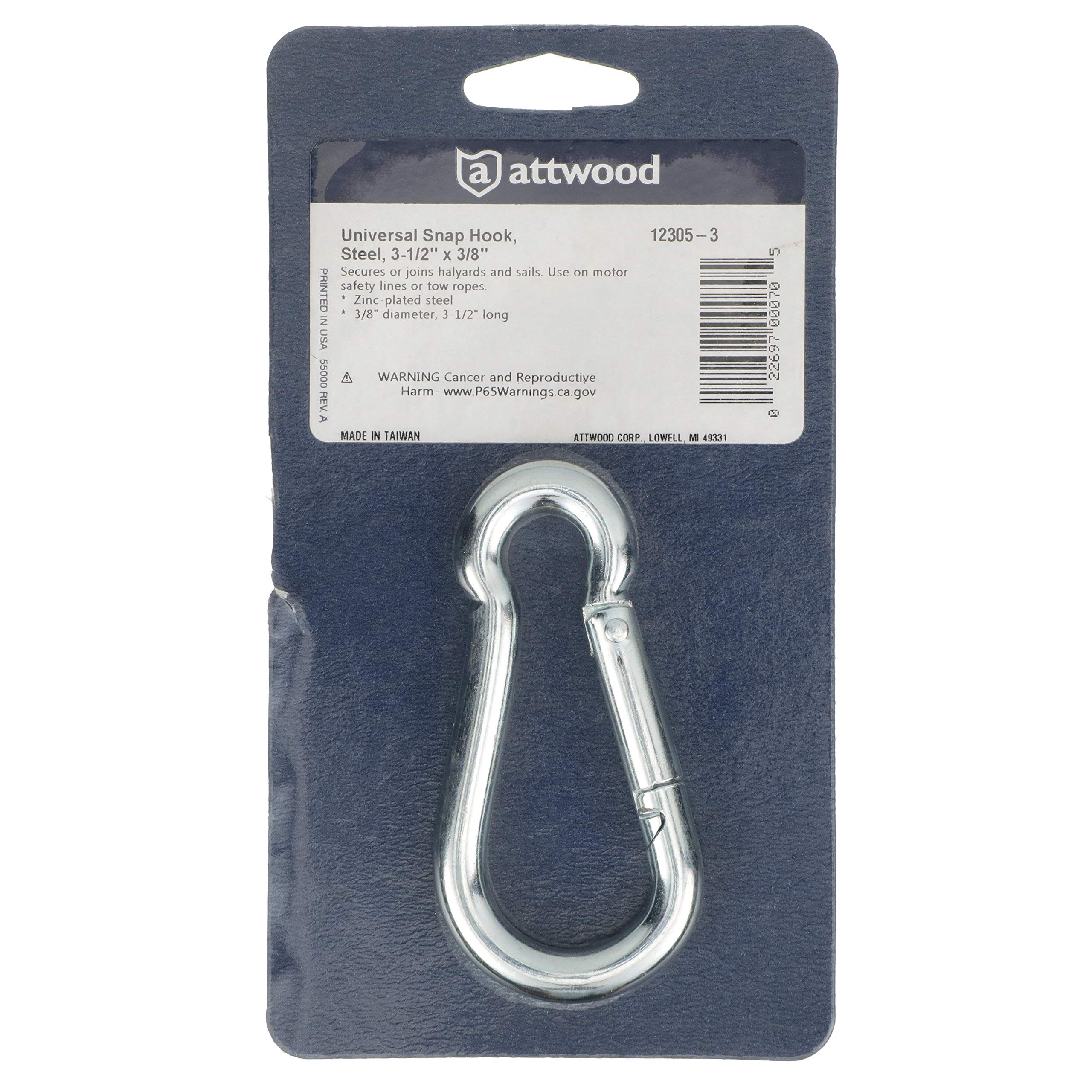 Marine Carabiner Attwood 12305-3, Zinc-Plated Steel, 3 ½-Inches Long, 3/8-Inch Diameter, 600 Pounds Load Max