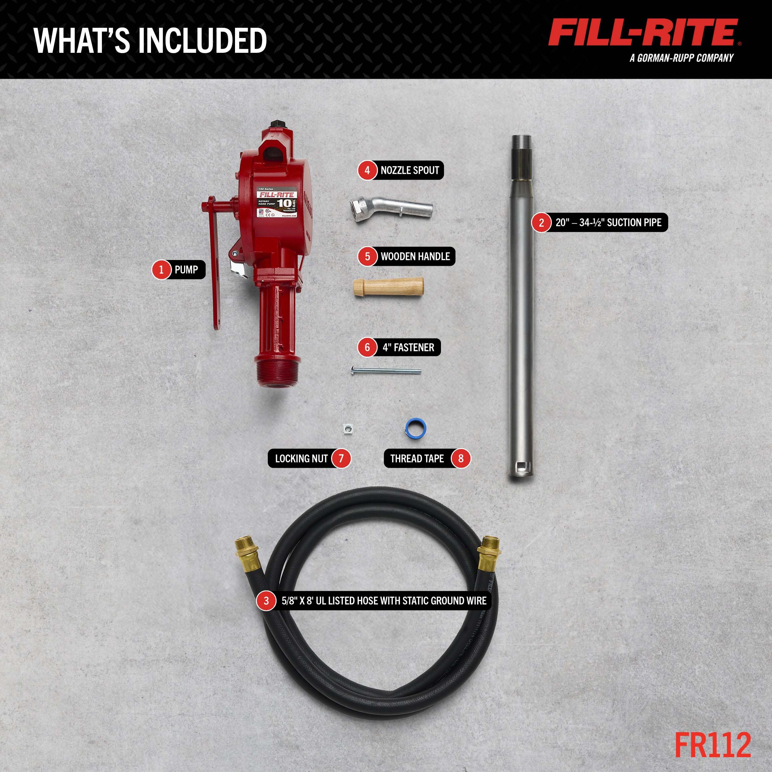 Fill-Rite Fuel Transfer FR112 Rotary Hand Pump w/Discharge Hose, Straight Spout, Vacuum Breaker, & Suction Pipe
