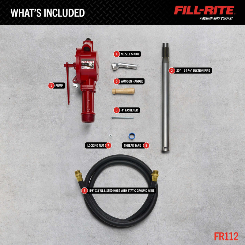 Fill-Rite Fuel Transfer FR112 Rotary Hand Pump w/Discharge Hose, Straight Spout, Vacuum Breaker, & Suction Pipe