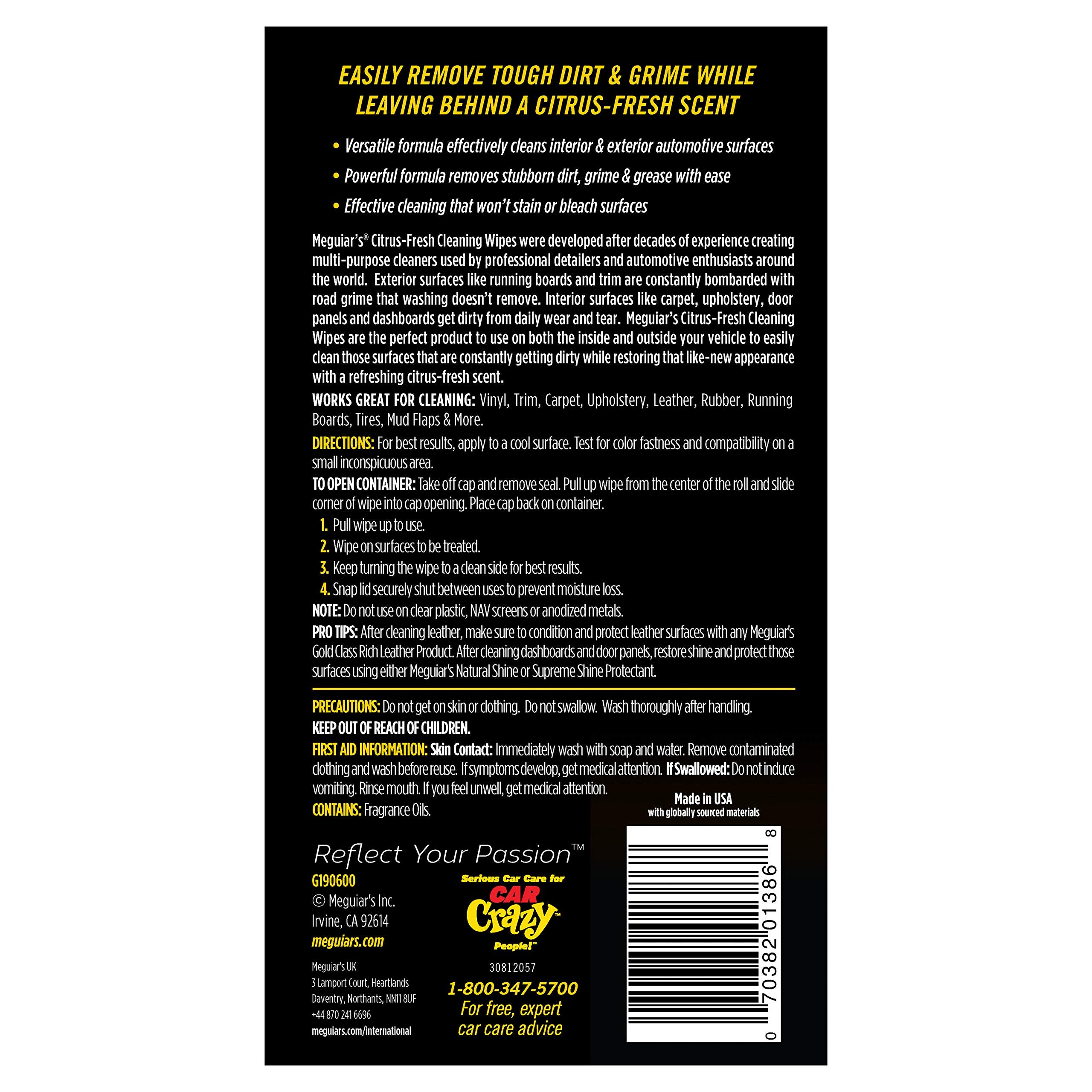 Citrus-Fresh Meguiar's Cleaning Wipes - Multi-Surface Wipes Removes Dirt, Grease, and Grime on a Variety of Surfaces Inside and Out - Citrus Scented Wipes that Make for Convenient Cleaning, 30 Wipes