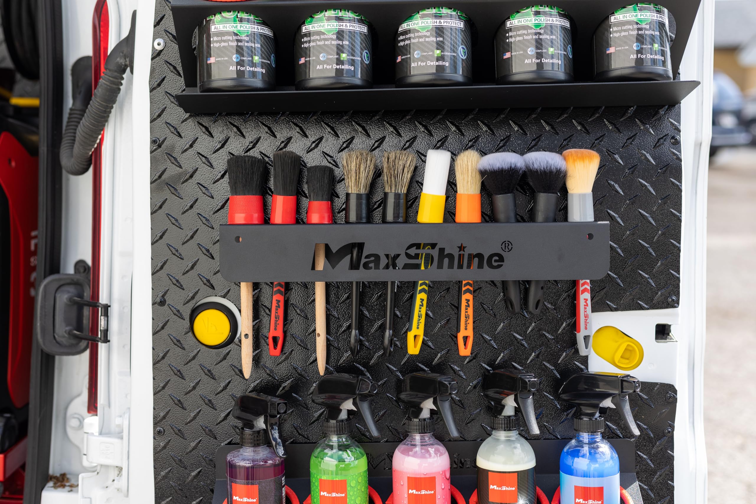 Maxshine Detailing Brush Holder Universal | Wall-Mount Organizer Holds Up to 10 Brushes | Rust-Resistant Iron Construction, Easy Installation for Garage, Car Care, Mobile & Home Use