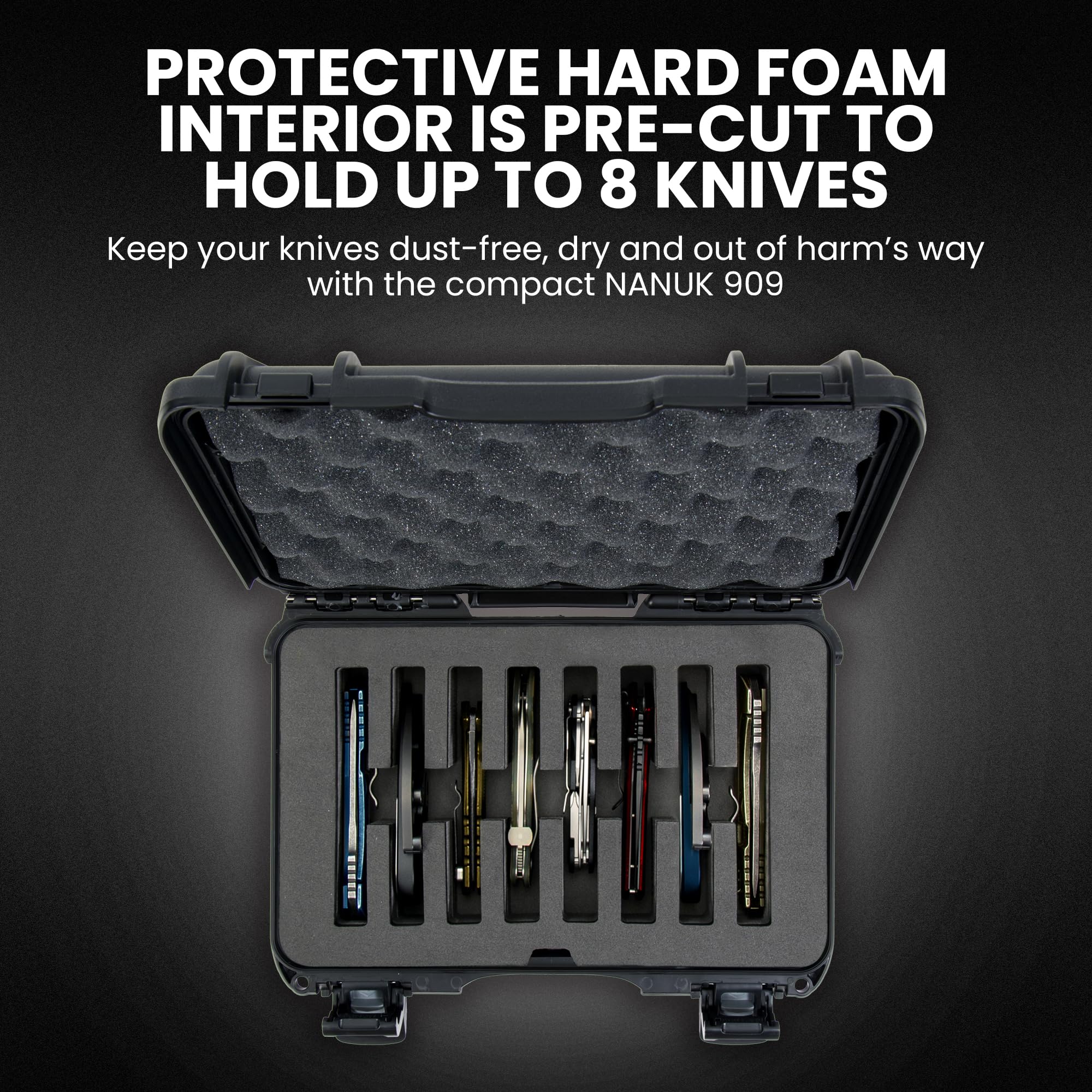 Waterproof Nanuk 909 Hard Case with Custom Foam Insert for 8 Pocket Knives, Black